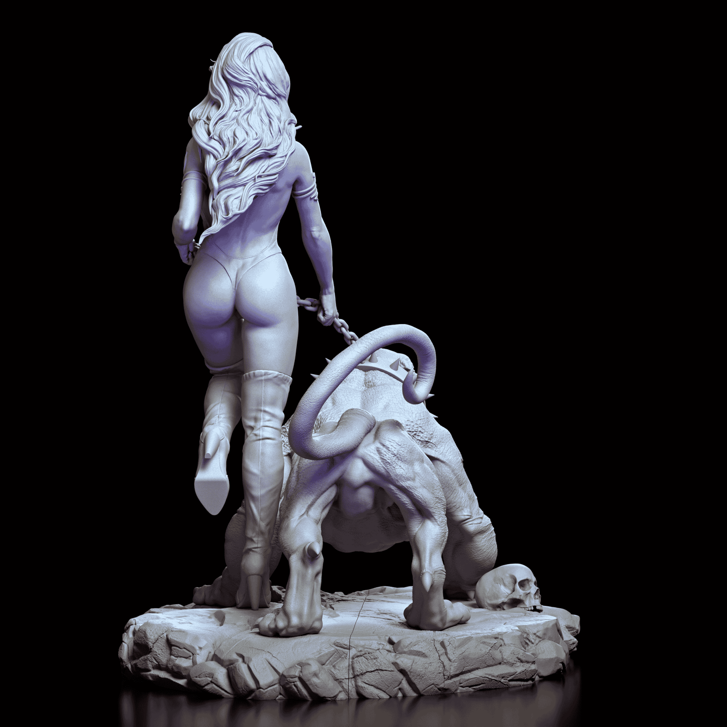 Back view of Crimson Huntress and beast showing cape flow, hair sculpt, and base terrain