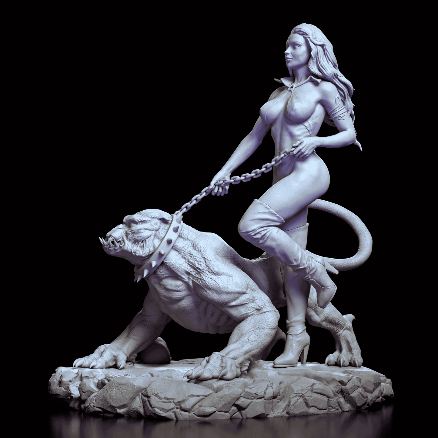 Left side of Crimson Huntress maquette showing dynamic stance, flowing hair, and chained monster