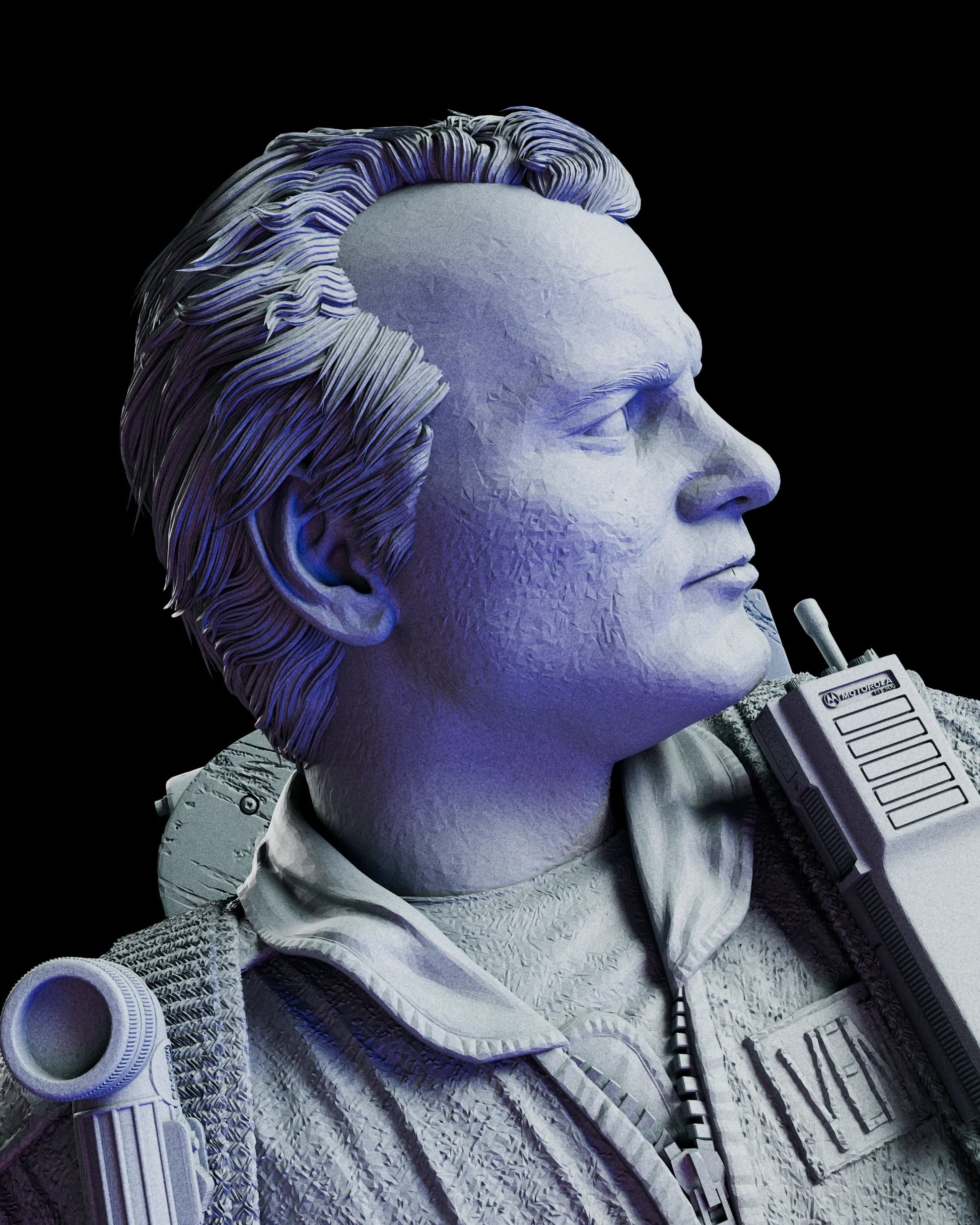 Close-up portrait capturing Peter Venkman’s expression, hair detail, and shoulder radio