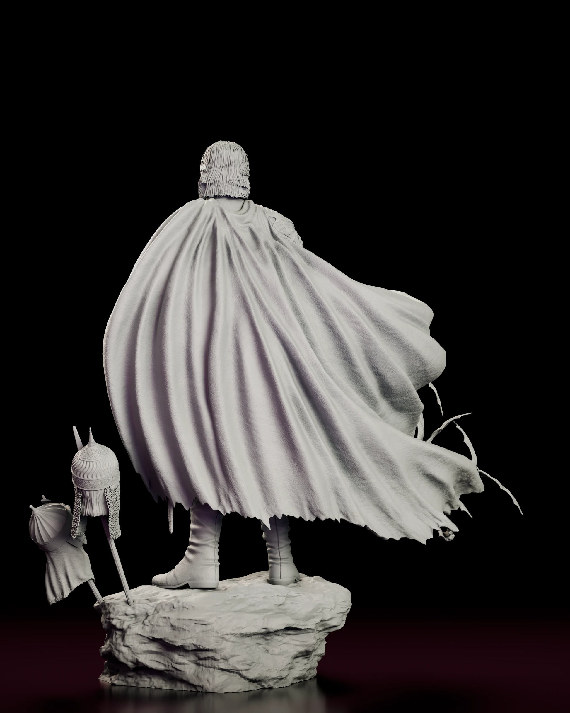 Rear view of the Vlad the Impaler figure model kit showing the full spread of the cloak and the bats breaking away from its trailing edge