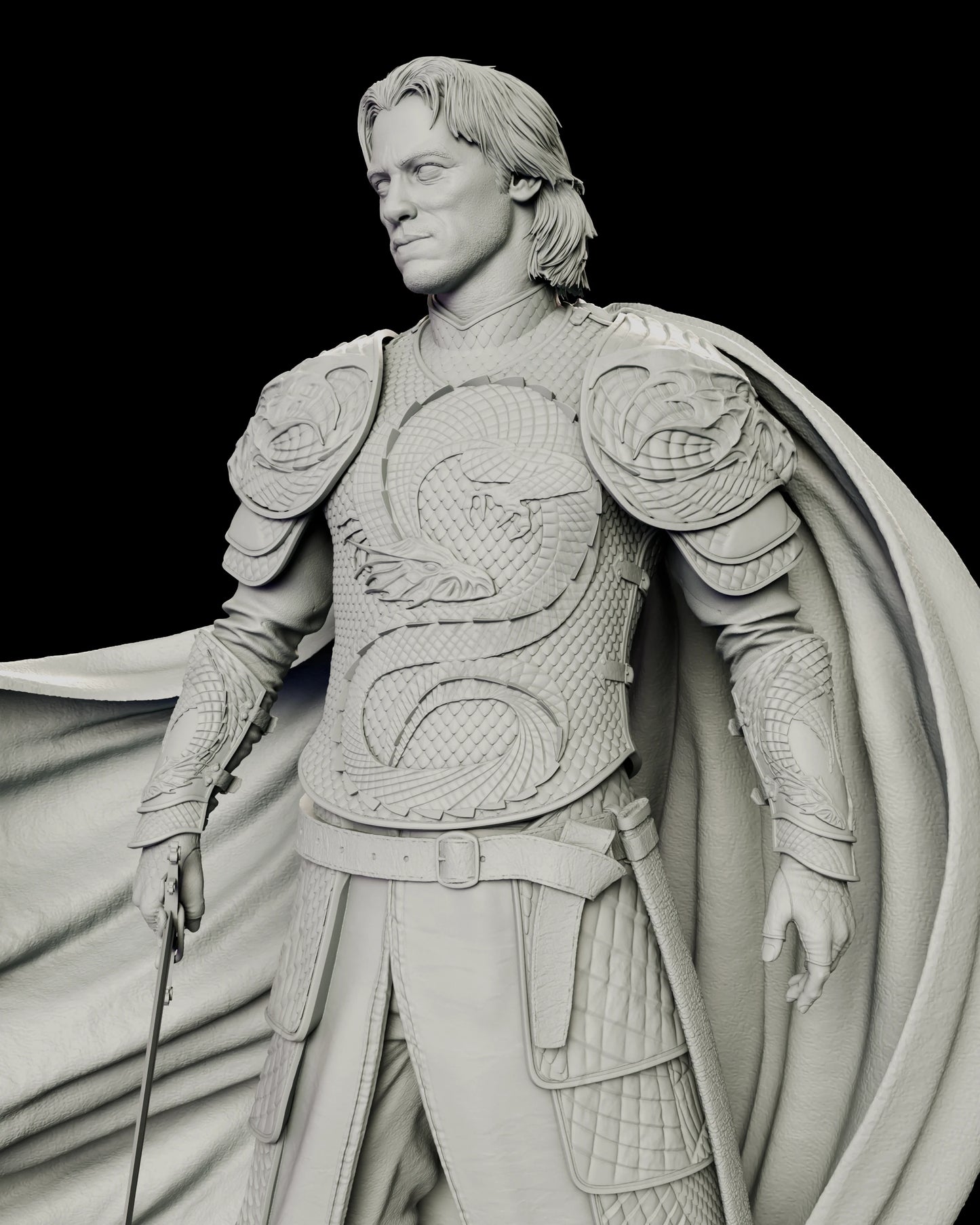 Close detail of the Vlad the Impaler figure model kit showing the coiled dragon worked across the breastplate, the scaled pauldrons and the composed head portrait option