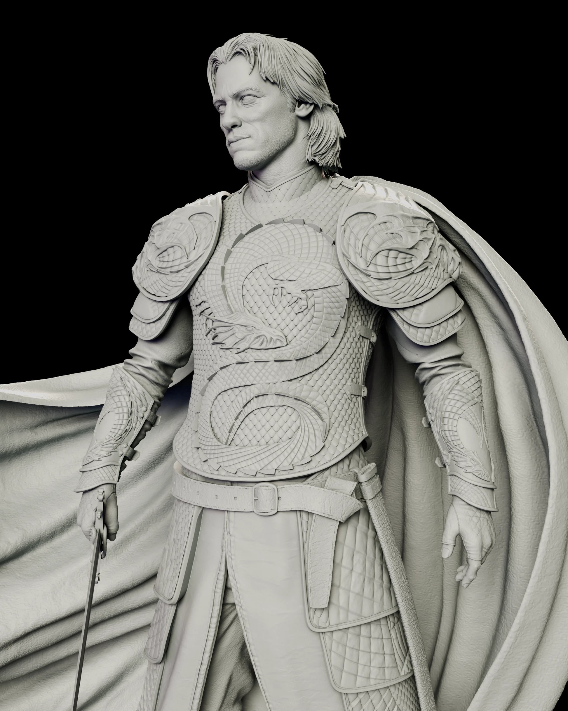 Close detail of the Vlad the Impaler figure model kit showing the coiled dragon worked across the breastplate, the scaled pauldrons and the composed head portrait option