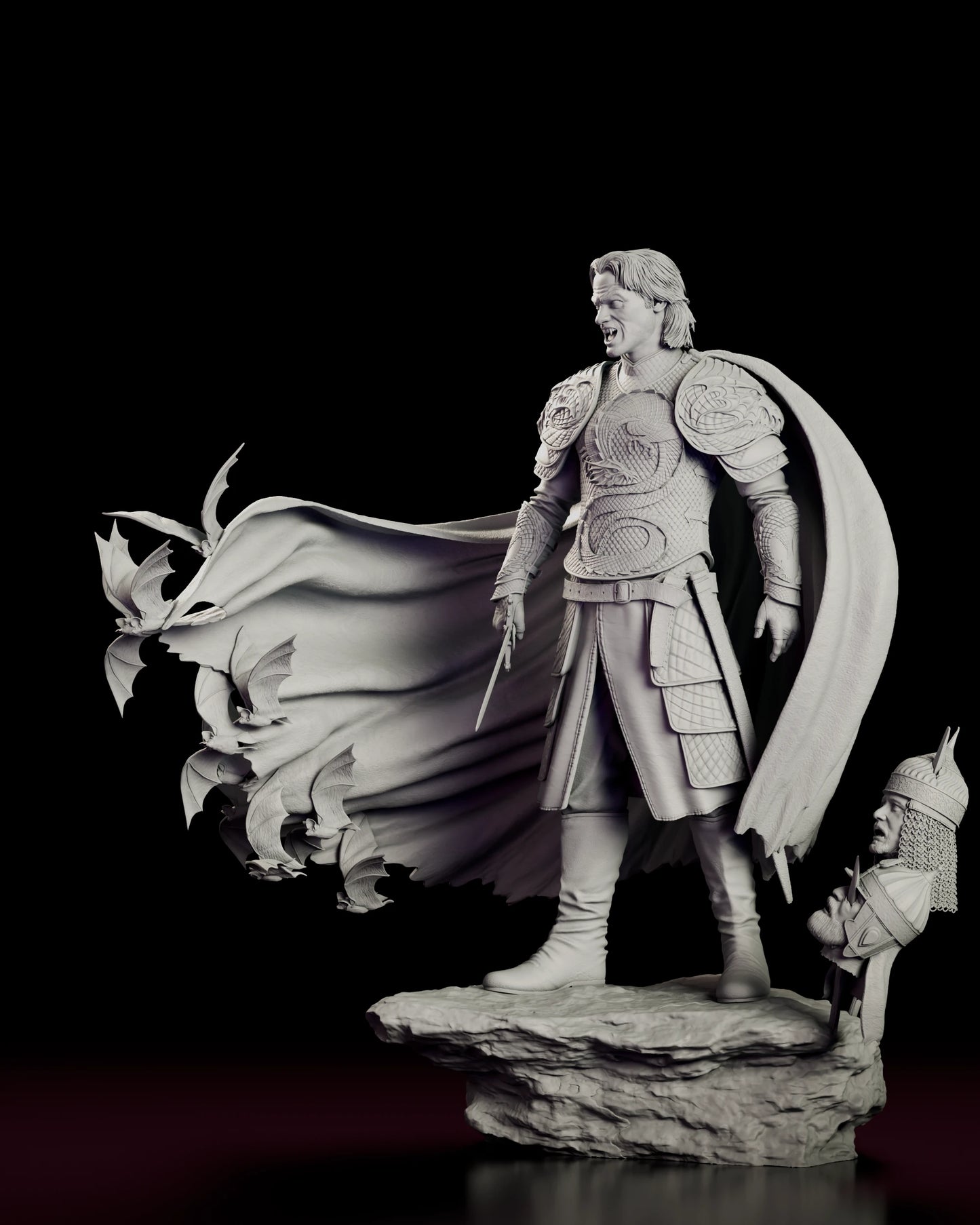 Left side view of the Vlad the Impaler figure model kit showing the stakes with their mounted heads and the cloak lifting away from his shoulders