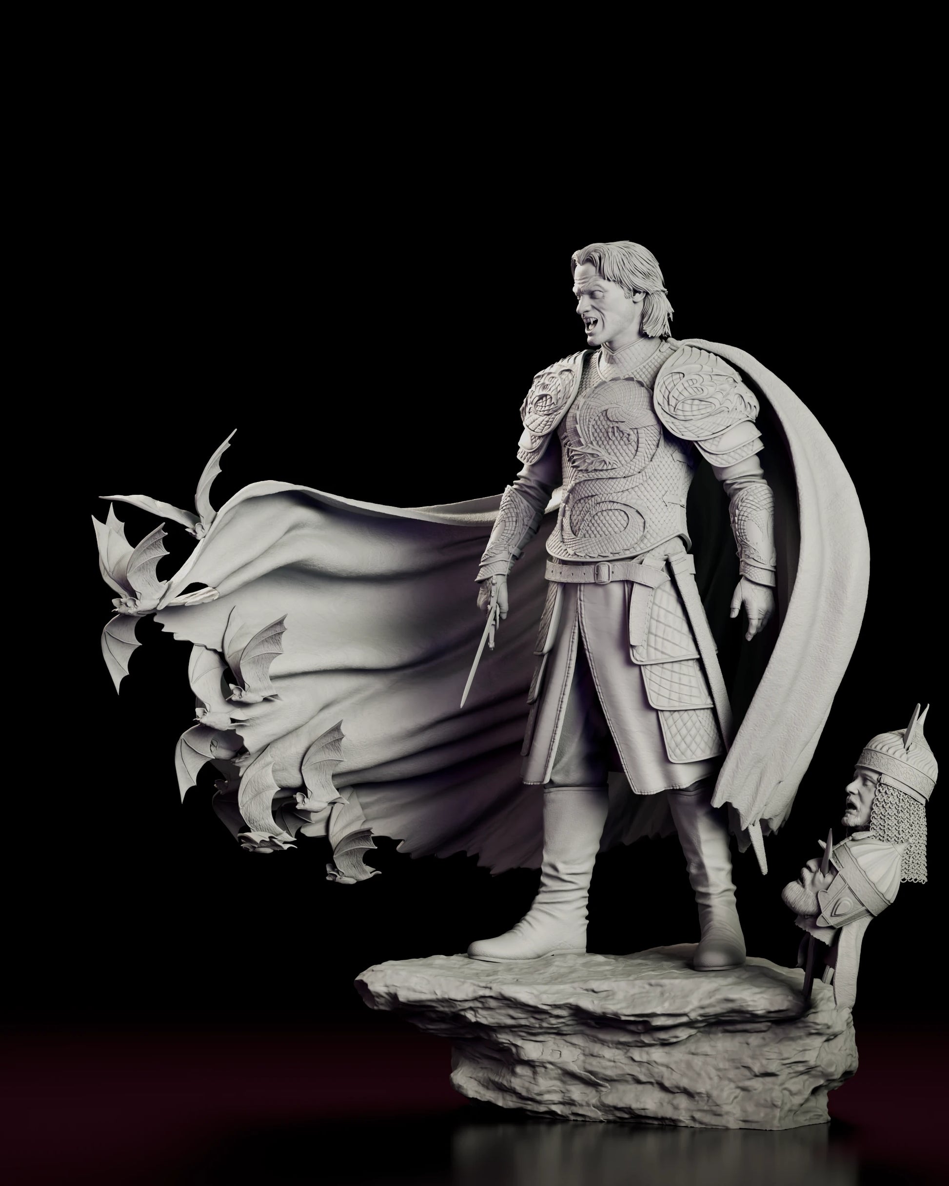 Left side view of the Vlad the Impaler figure model kit showing the stakes with their mounted heads and the cloak lifting away from his shoulders