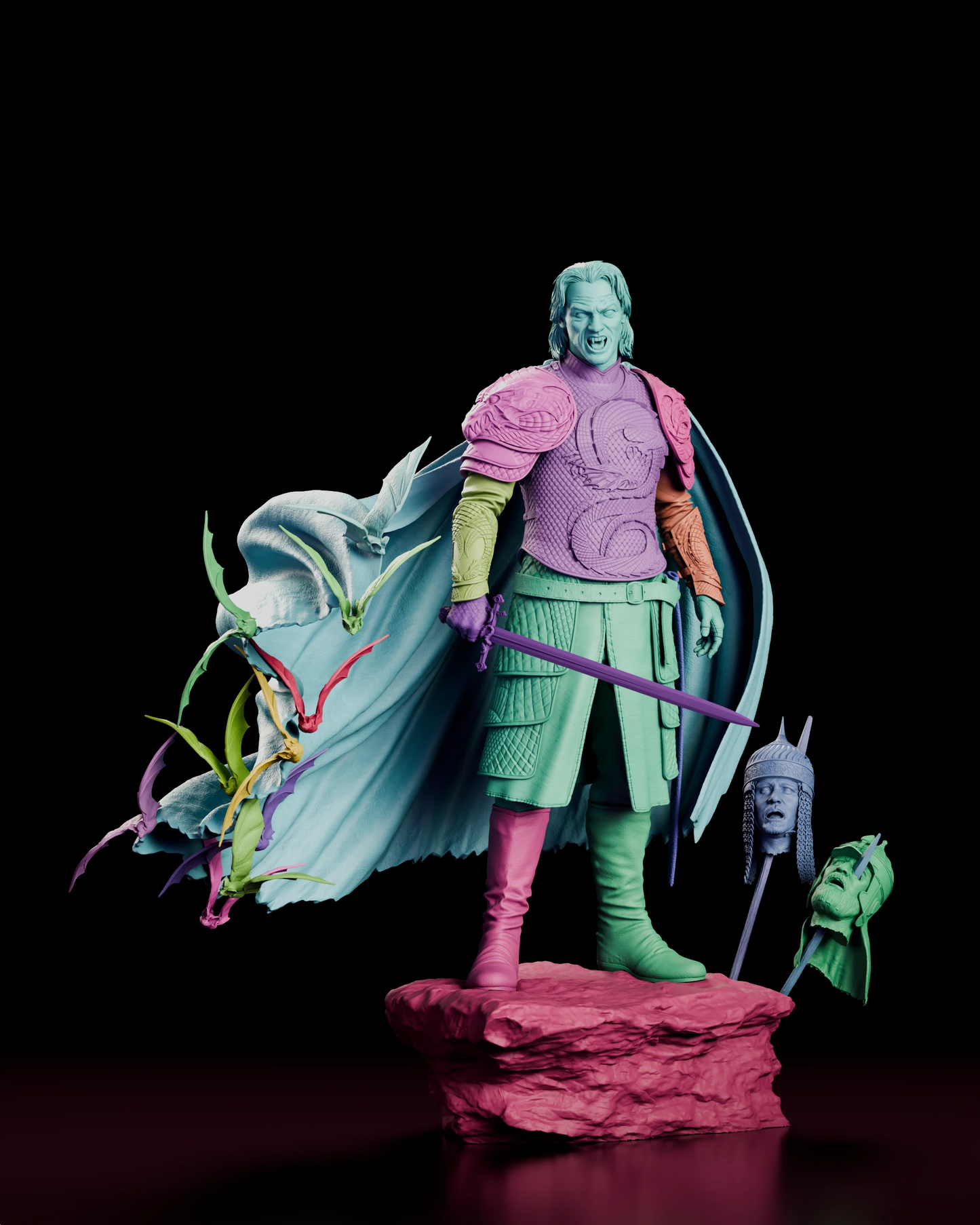 Parts breakdown of the Vlad the Impaler figure model kit showing the separate armour sections, arms, cloak, bats, sword, stakes and rocky base