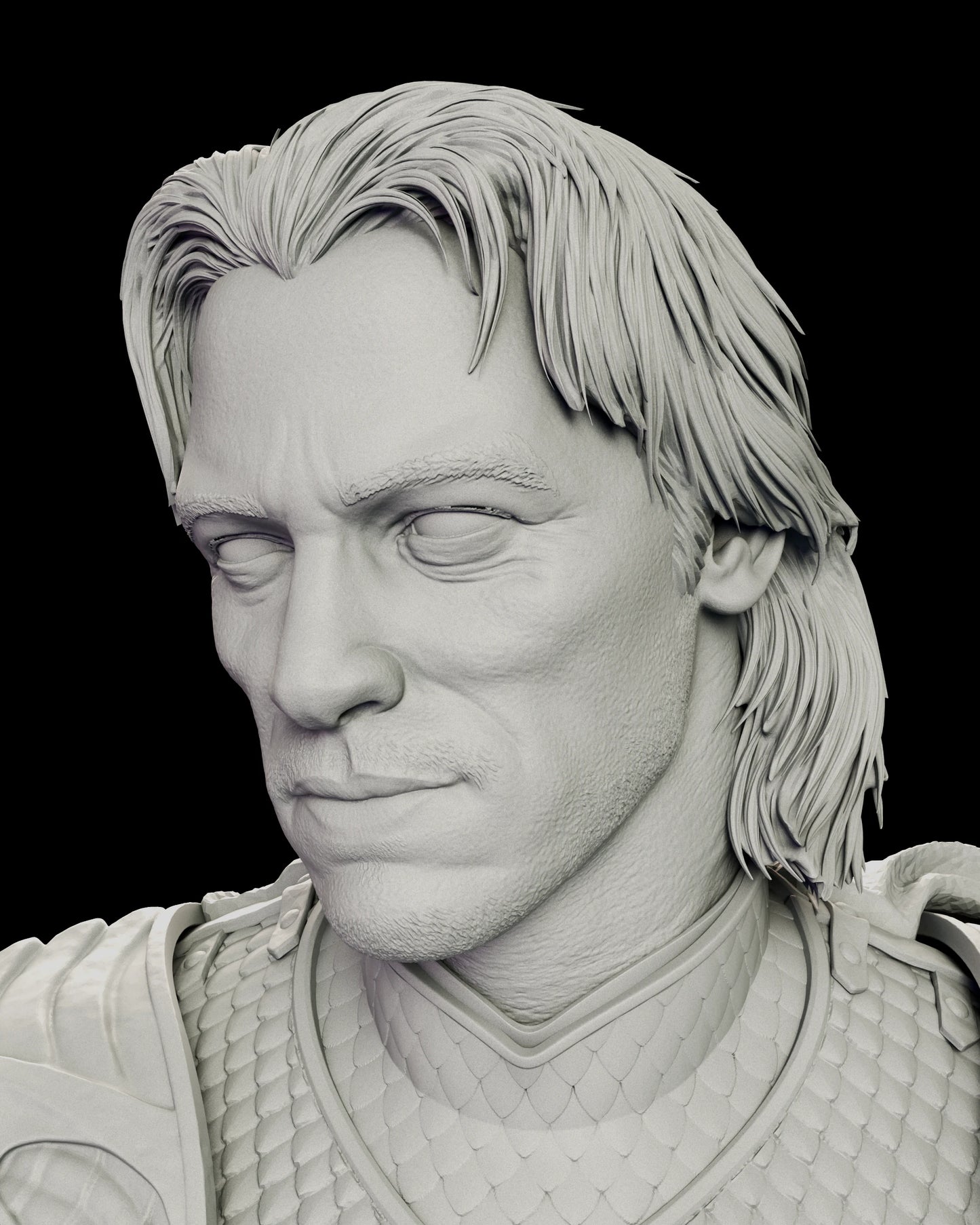 Alternate composed head portrait of the Vlad the Impaler figure model kit with the mouth closed and no fangs showing, above the scaled gorget of his armour