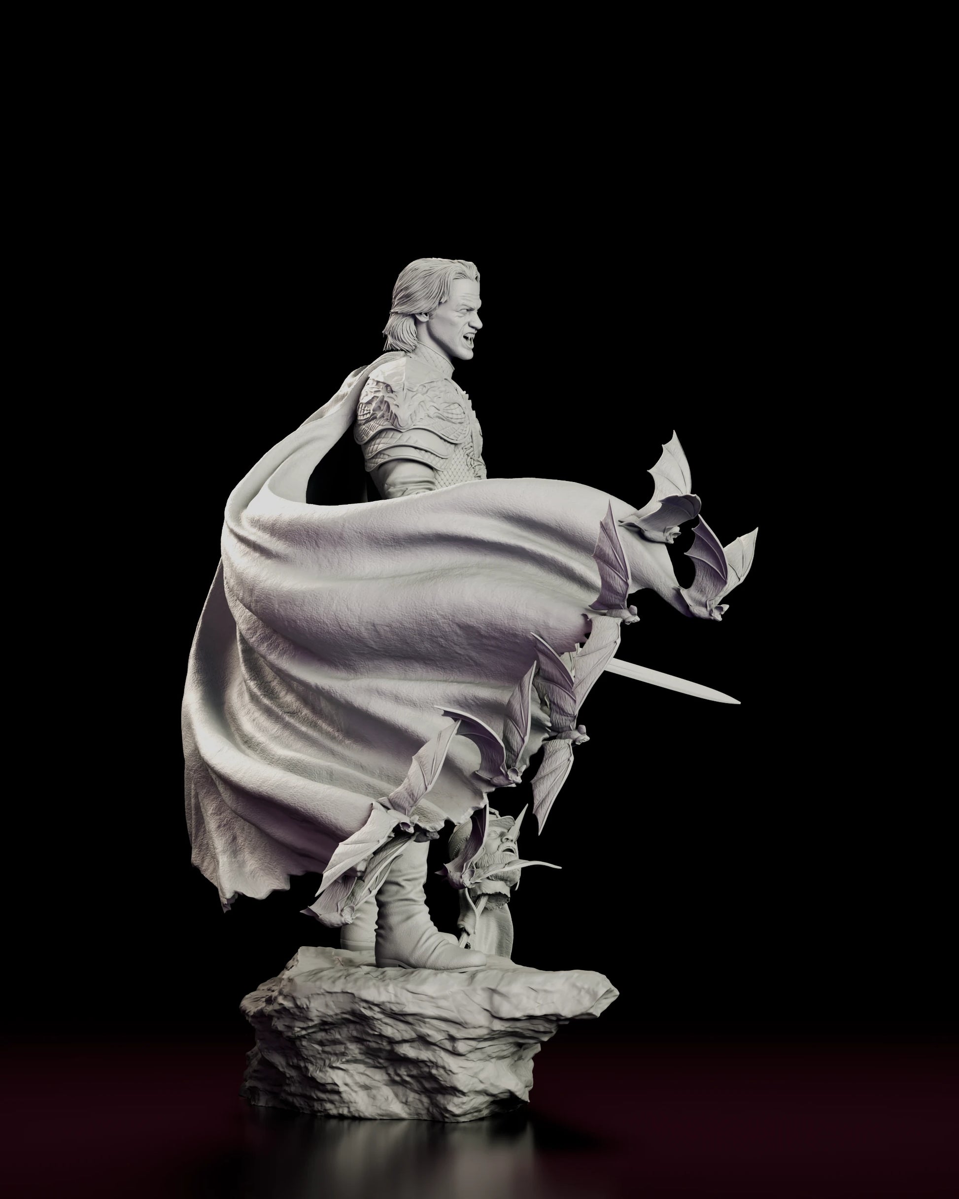 Right side view of the Vlad the Impaler figure model kit showing the lowered longsword, the scaled tabard and the rocky outcrop of the base