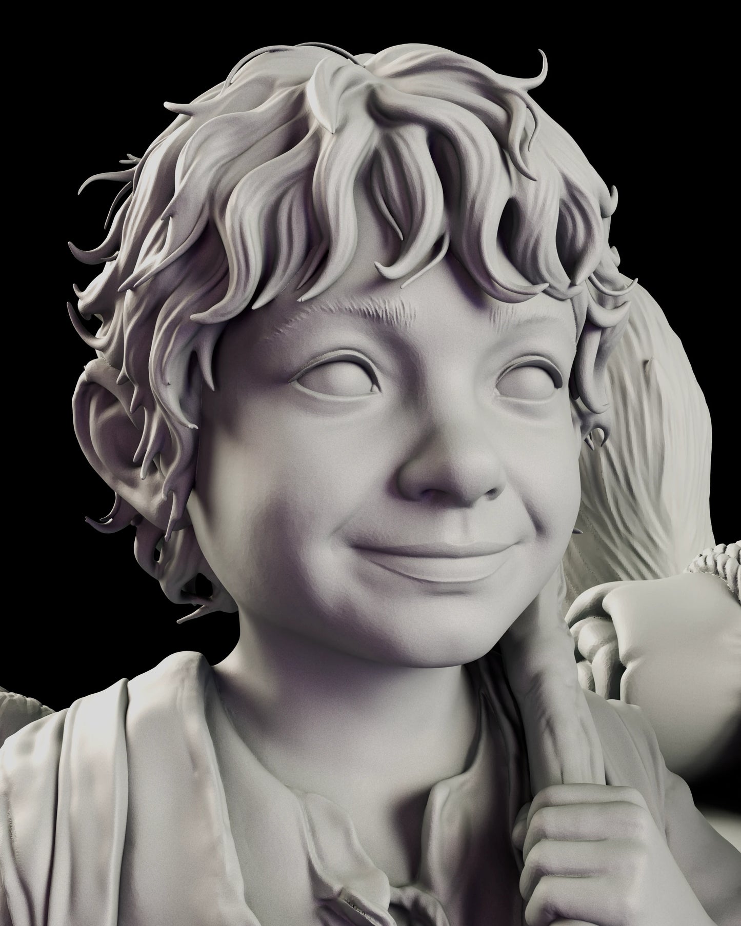 Portrait detail of the Wayfarers figure model kit showing the young traveller with curly hair over pointed ears and a closed-mouth grin, one hand steadying the branch across his shoulder