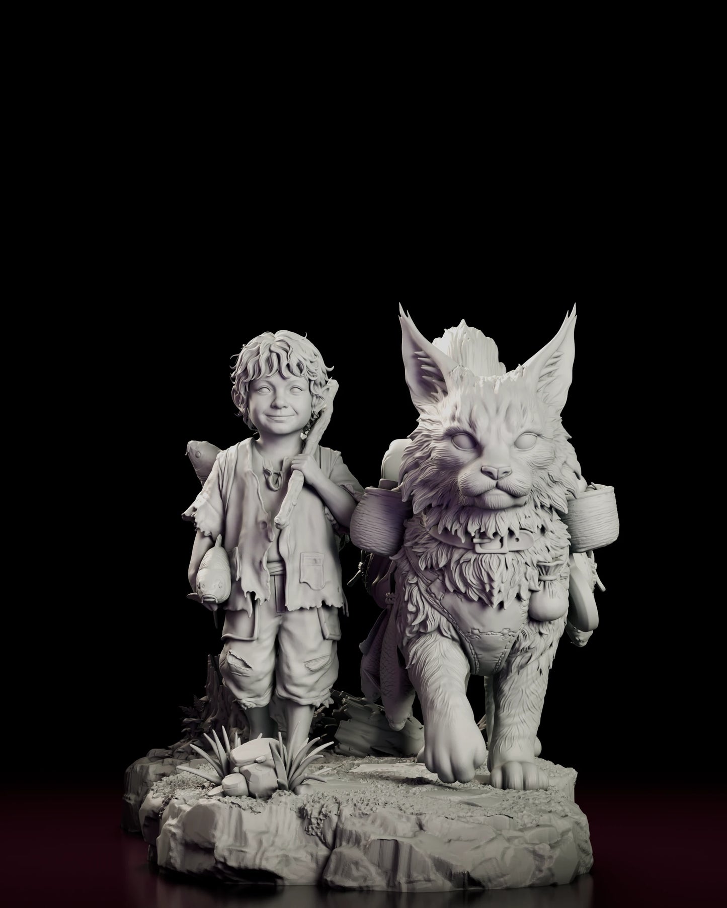 Front view of the Wayfarers figure model kit with the young traveller carrying two fish on a branch and the pack-laden lynx striding beside him across a stony path