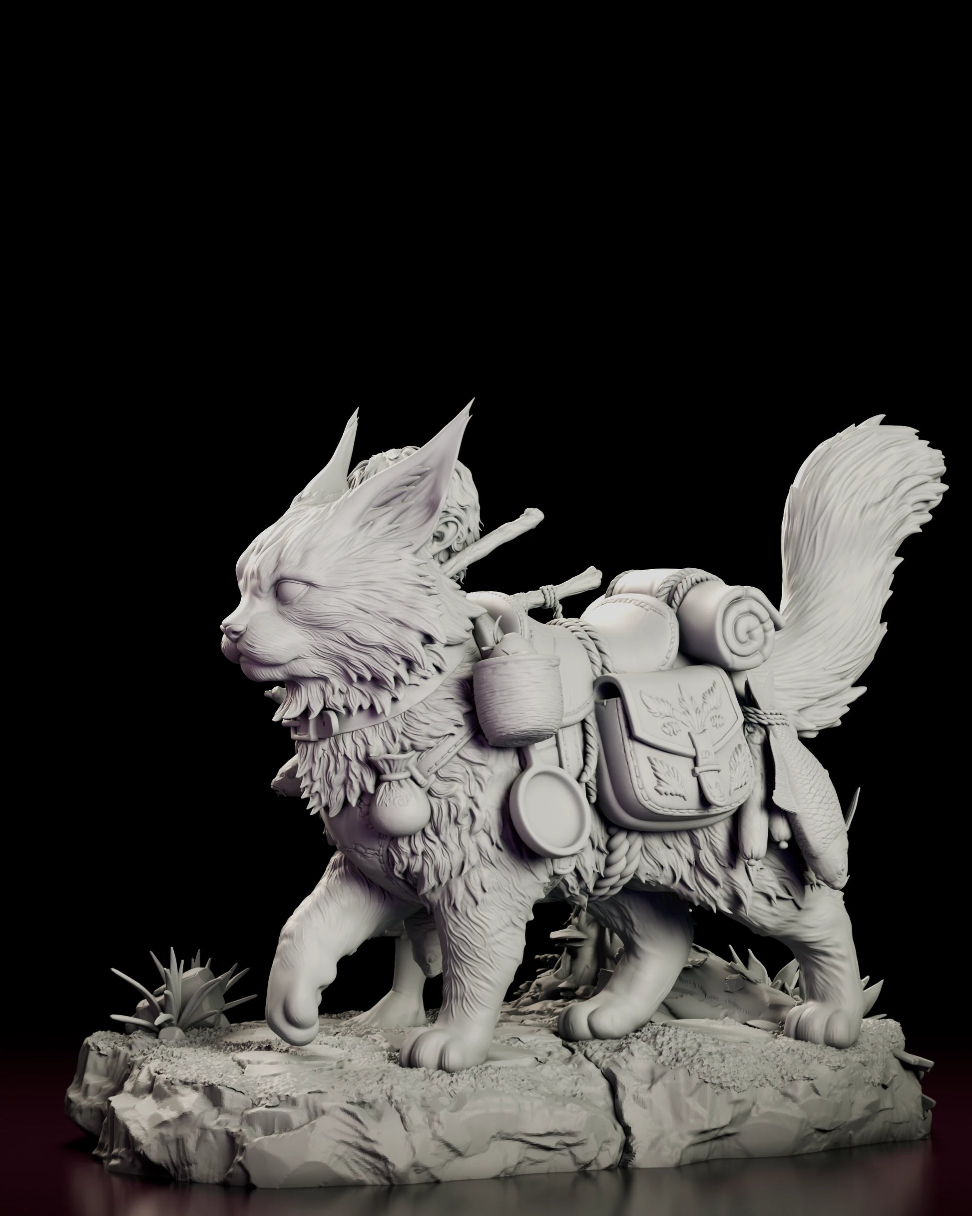 Left side view of the Wayfarers figure model kit showing the boy in profile with the fish swinging from his branch and the deep fur of the lynx ruff behind him