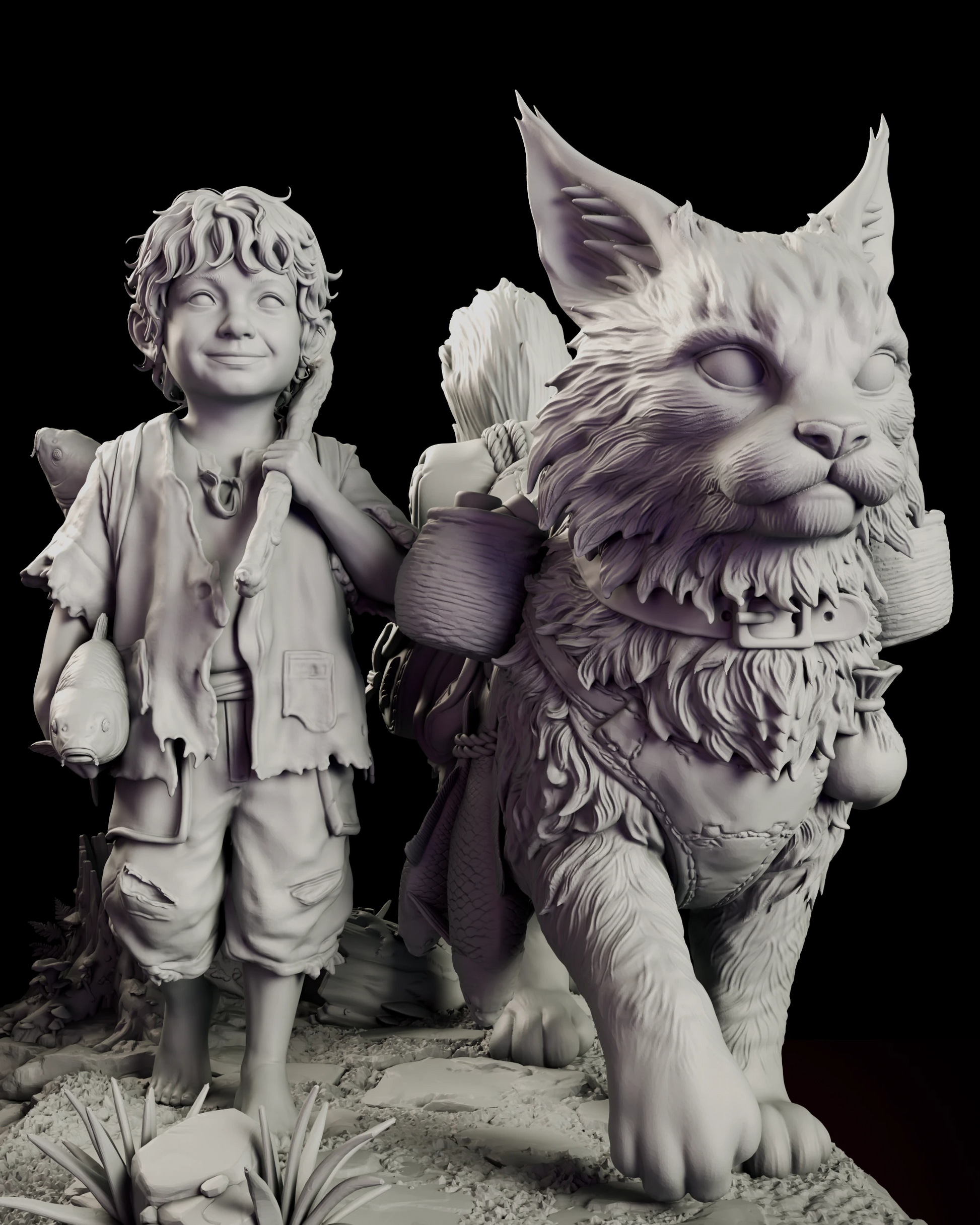 Close detail of the Wayfarers figure model kit showing the lynx in mid-stride with a buckled chest harness, corded pouches, a slung waterskin and clay pots carried at its flanks