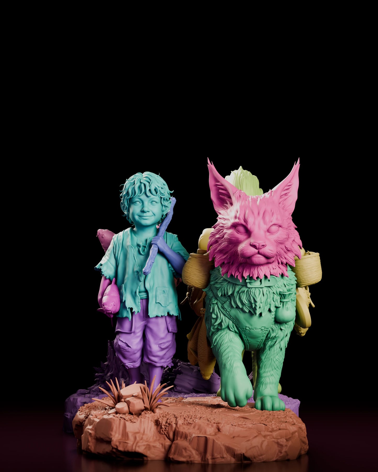 Parts breakdown of the Wayfarers figure model kit with each component shown in a separate colour, including the boy in two pieces, his stick and fish, the lynx head and body, the bundled packs and the rock base with grass tufts