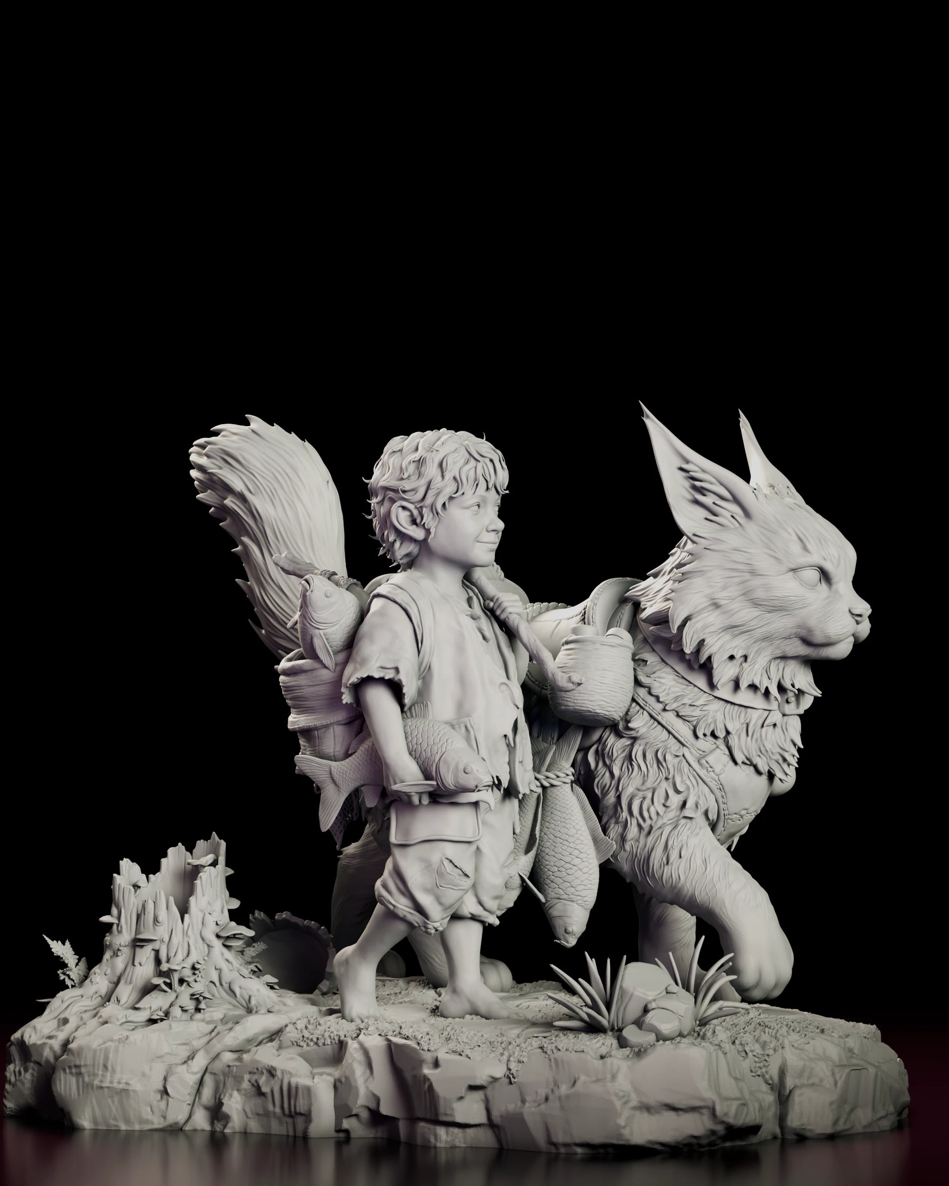 Right side view of the Wayfarers figure model kit showing the lynx in profile with its bedroll and hanging pots, and the boy walking a half step behind