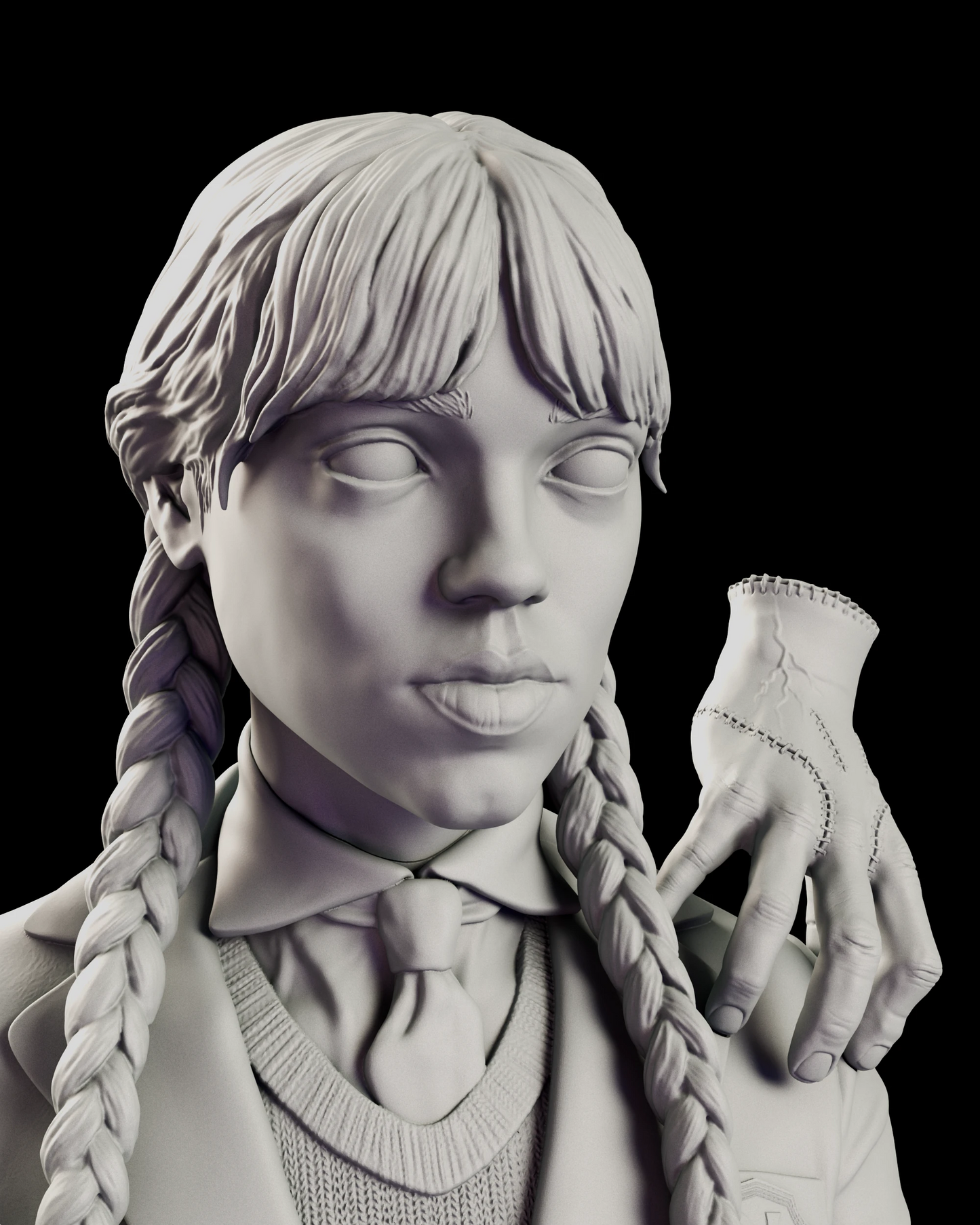 Head and shoulders portrait of the Wednesday Addams figure model kit, showing the blunt fringe, twin braids and deadpan expression above the collar and tie of the Nevermore uniform