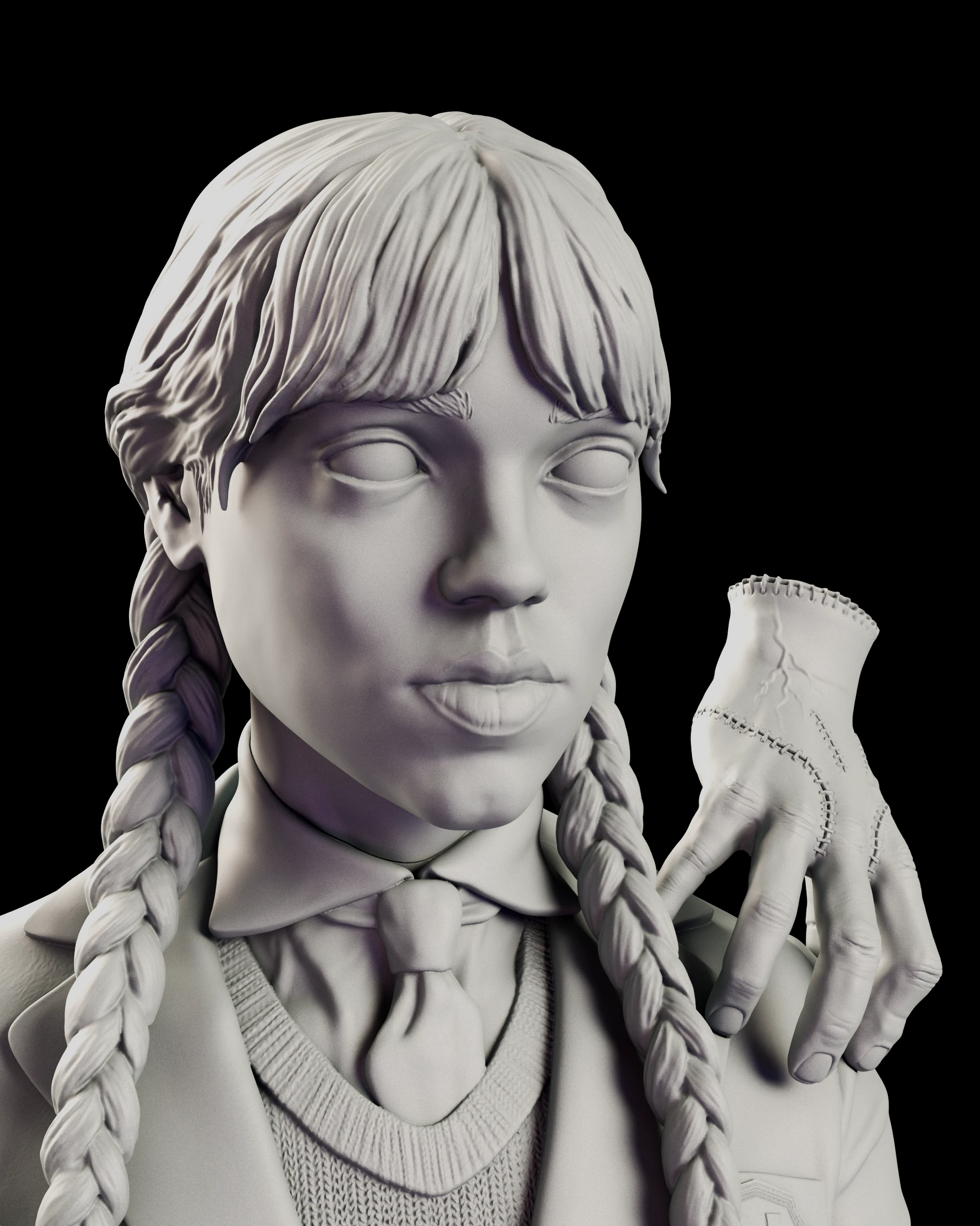Head and shoulders portrait of the Wednesday Addams figure model kit, showing the blunt fringe, twin braids and deadpan expression above the collar and tie of the Nevermore uniform
