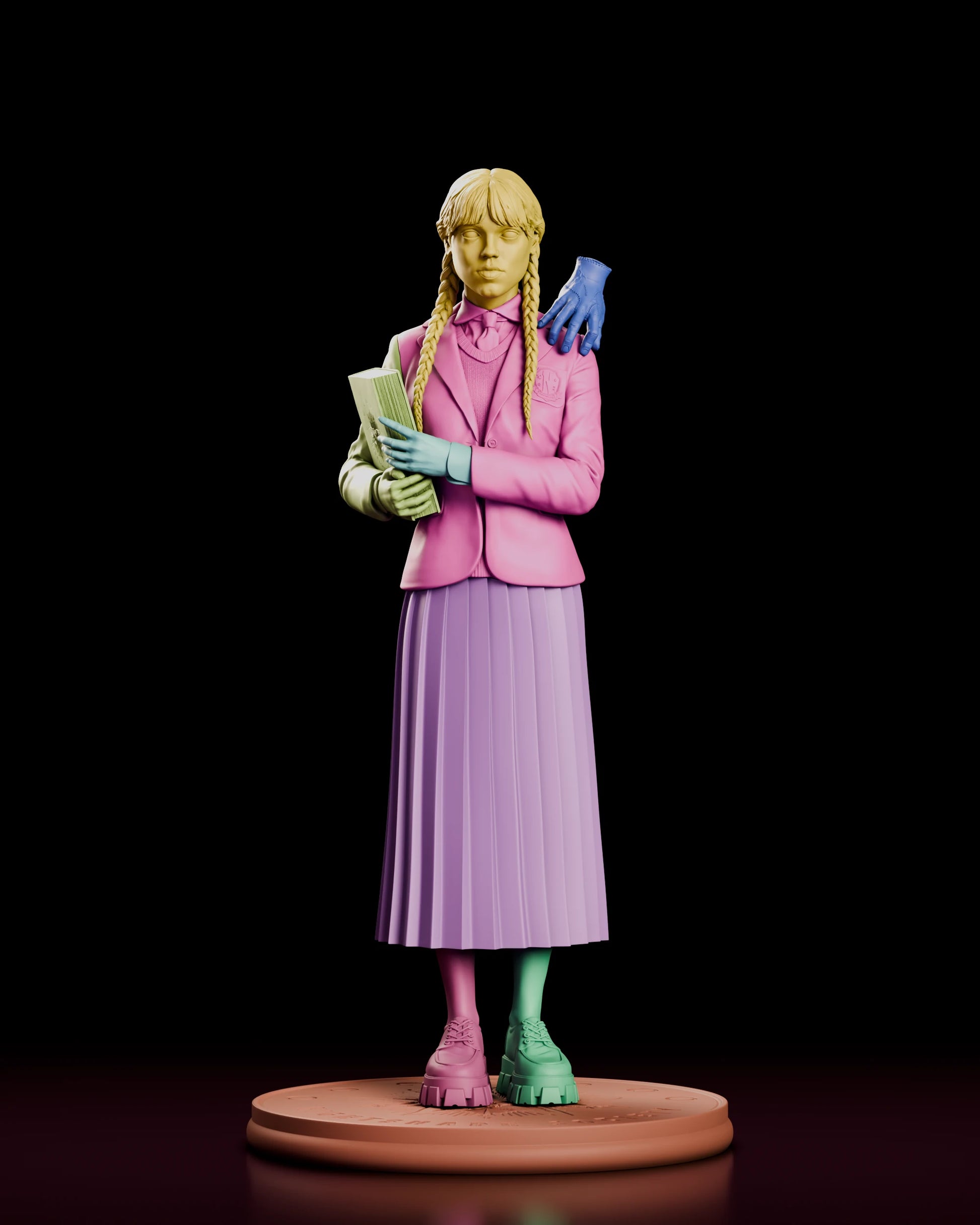 Parts breakdown of the Wednesday Addams figure model kit with each component shown in a separate colour, including the head, blazer, pleated skirt, arms, book, Thing and the emblem base