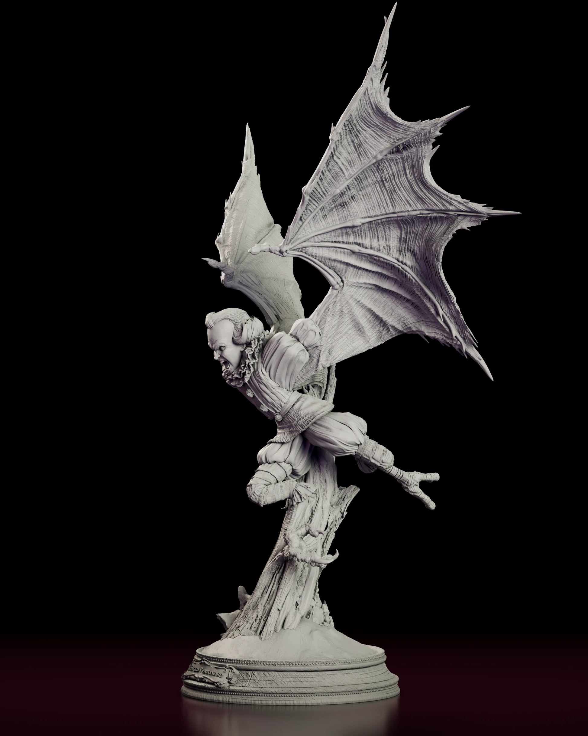 Left side view of the Winged Pennywise figure model kit launching from a dead branch