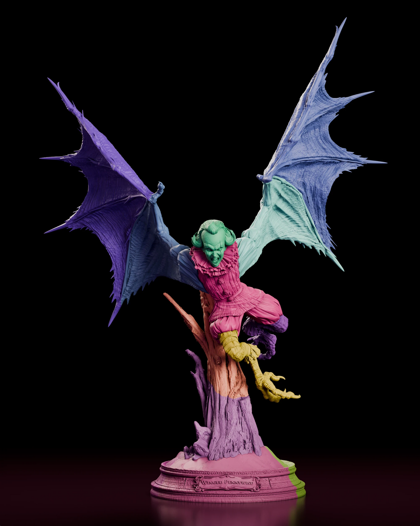 Parts breakdown of the Winged Pennywise figure model kit shown as separated components