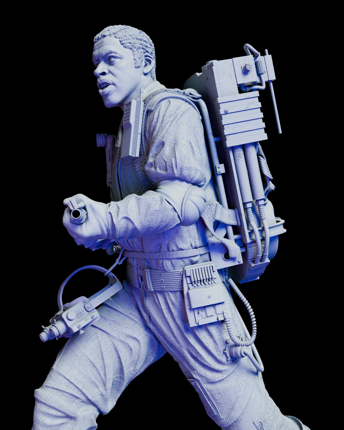 Detail view of Winston Zeddemore figure kit showing realistic pose, proton pack cables, and crisp uniform sculpting