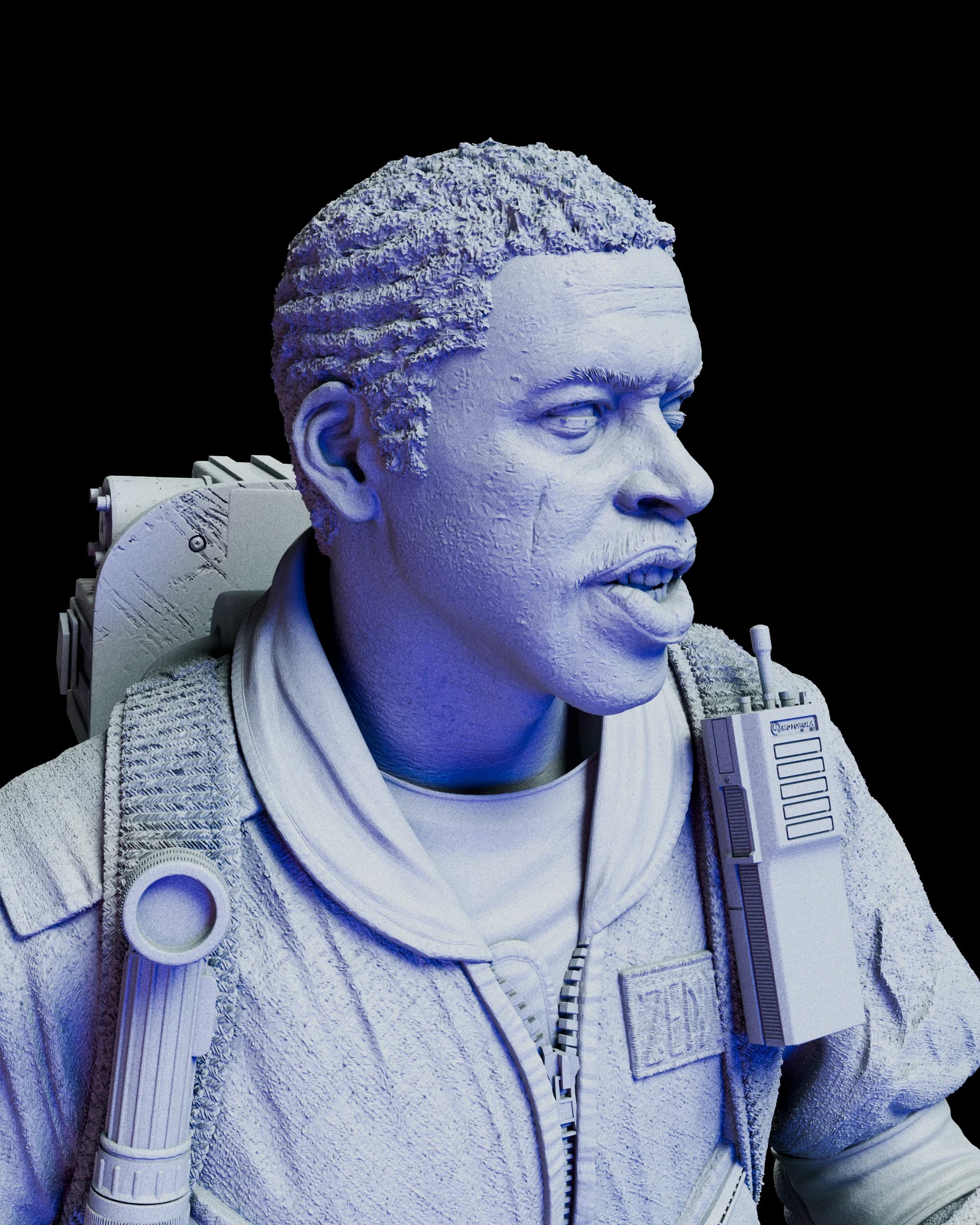 Close-up portrait of Winston Zeddemore showing detailed facial sculpt, hair texture, and shoulder radio