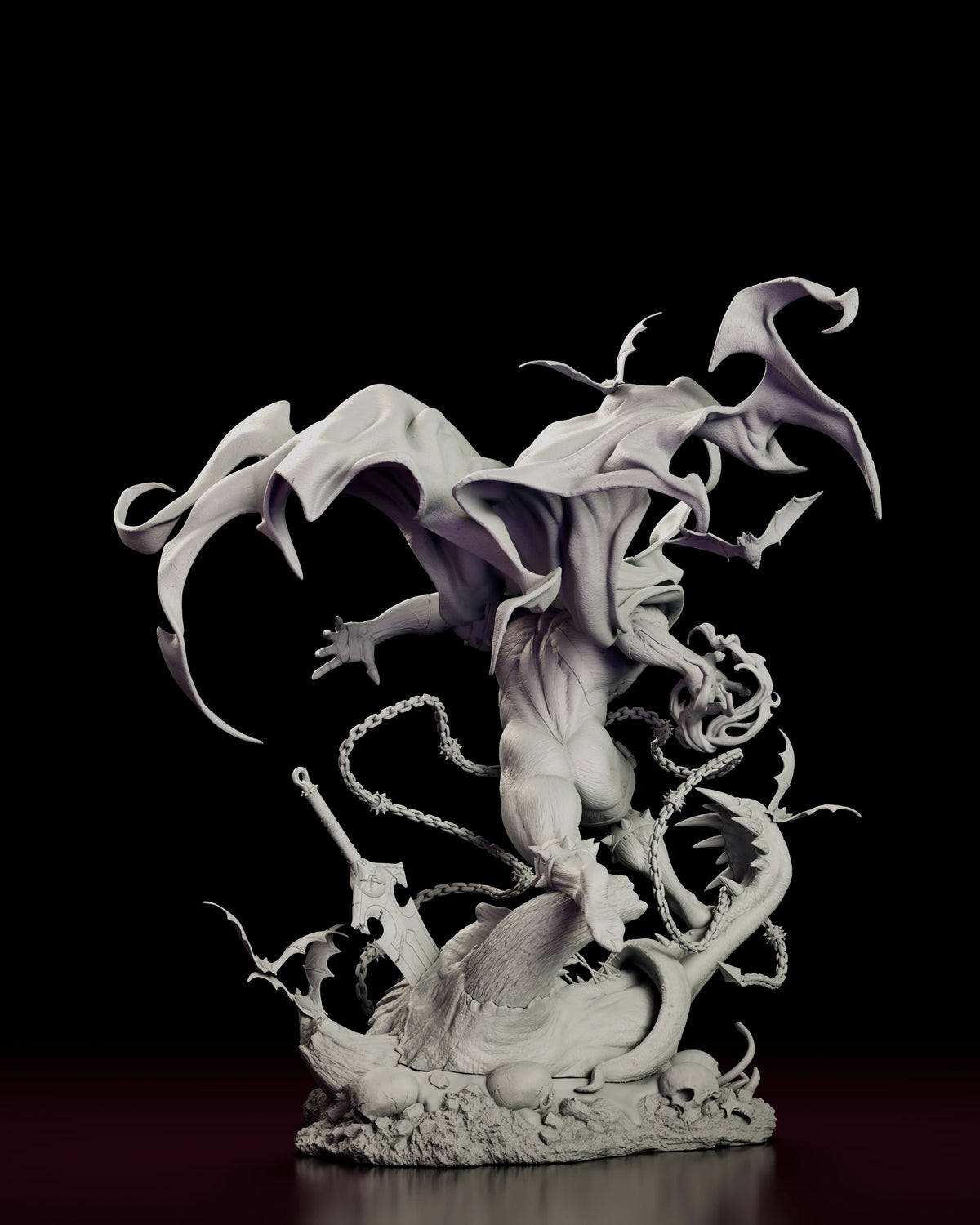 Back view of the Wraithcloak Spawn figure model kit showing the spread cape and skull-strewn base