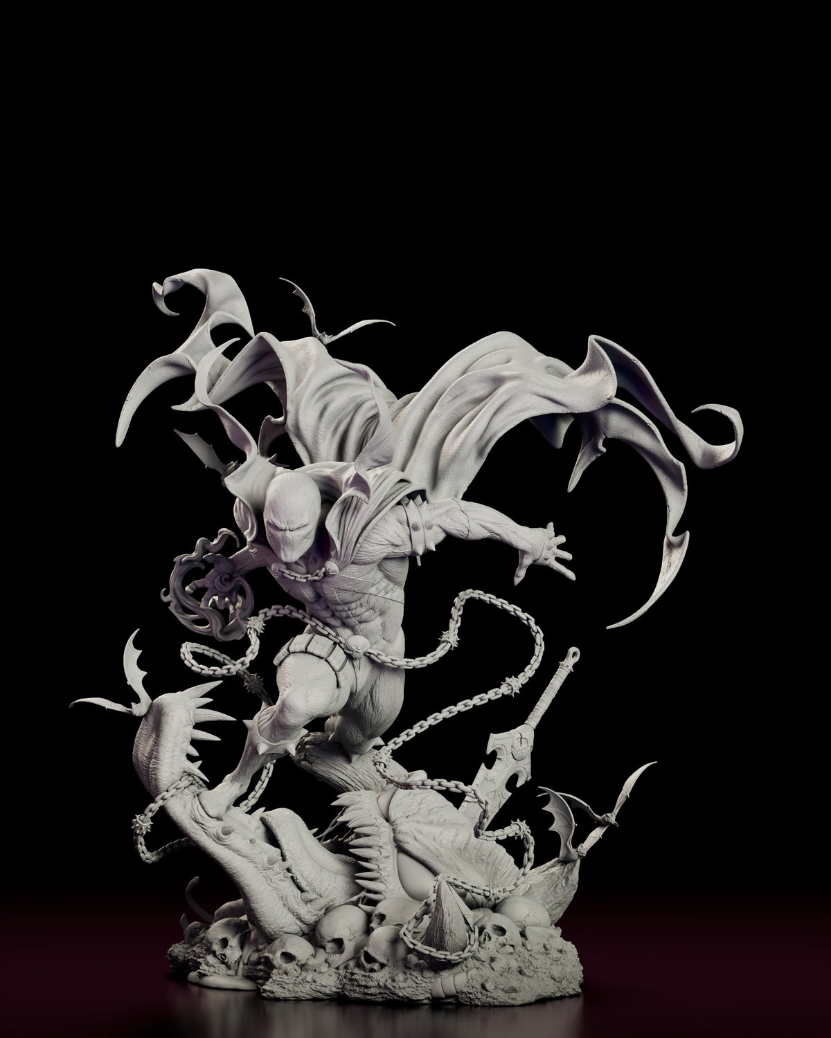 Front view of the Wraithcloak Spawn figure model kit leaping down onto a mound of skulls and spikes