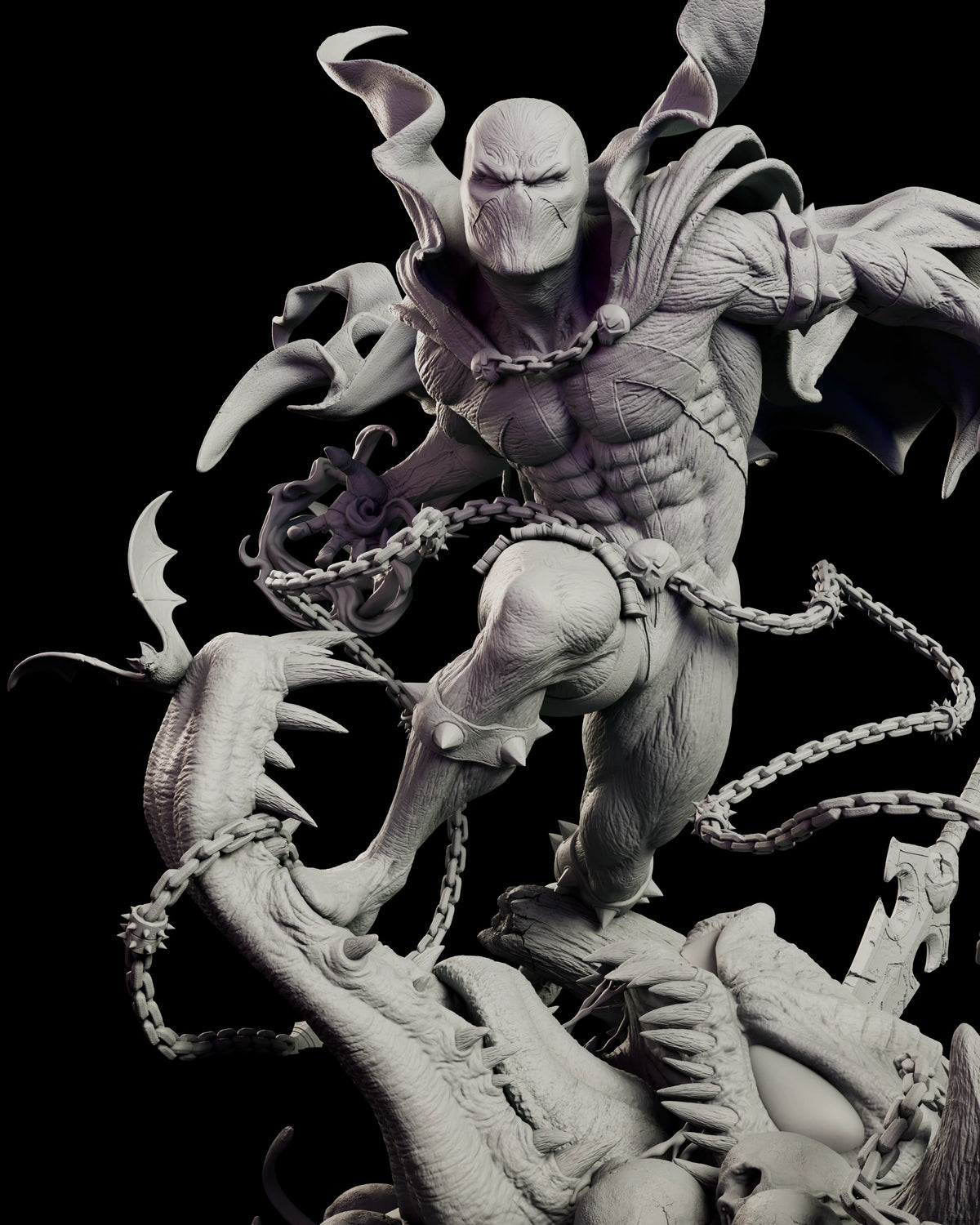 Close view of Spawn mid-leap with chains wrapping his body and the cape spreading above