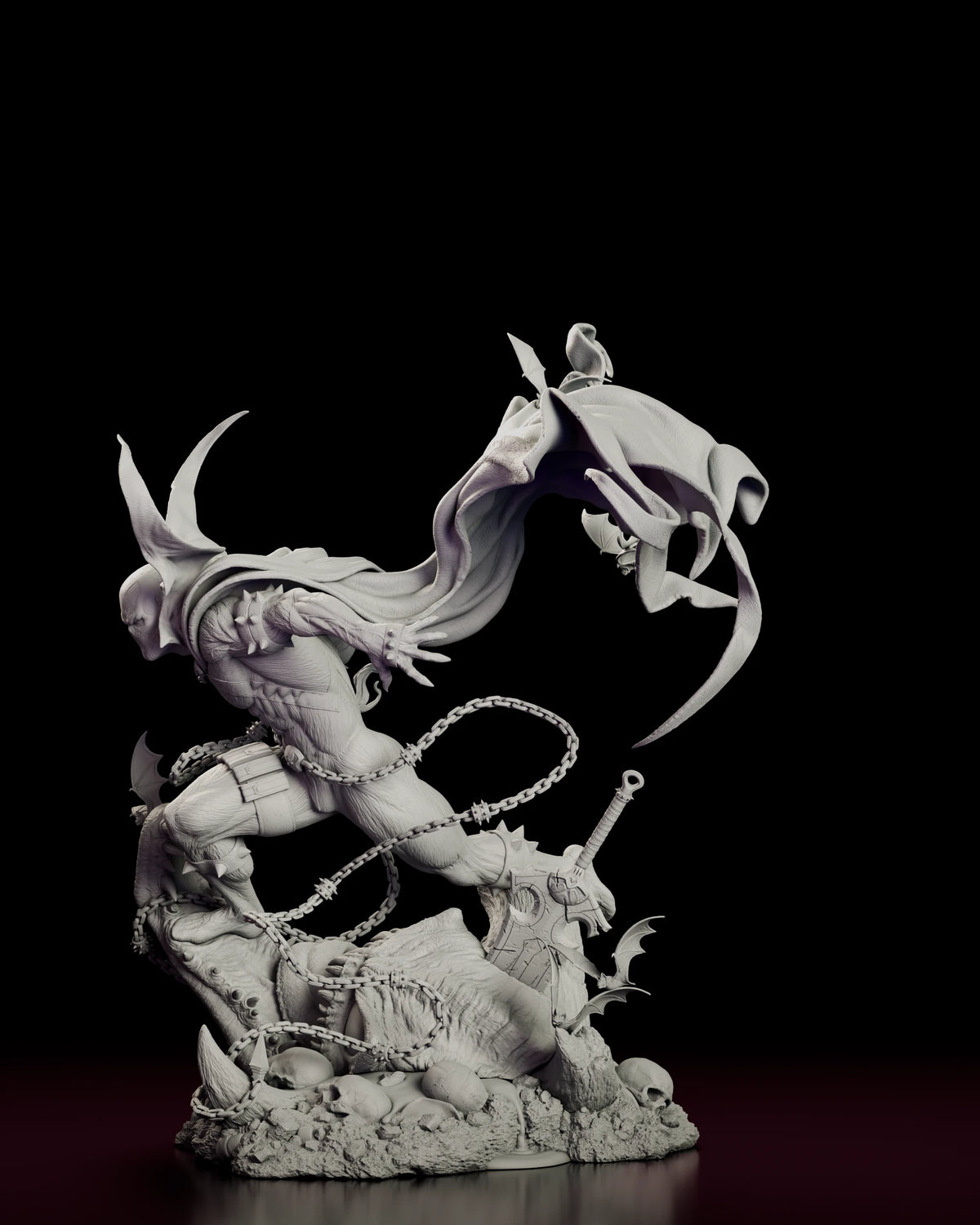 Left side view of Spawn with the chains swinging out and the cape spread overhead