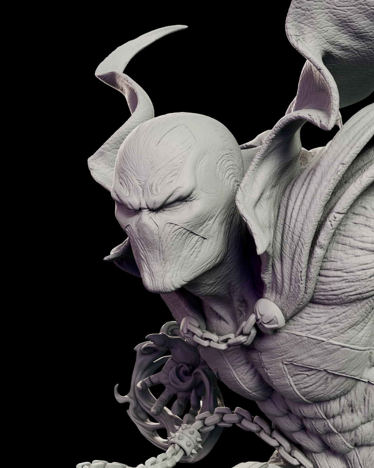 Portrait of Spawn with the masked head, sharp angled eye shapes and chains across his chest