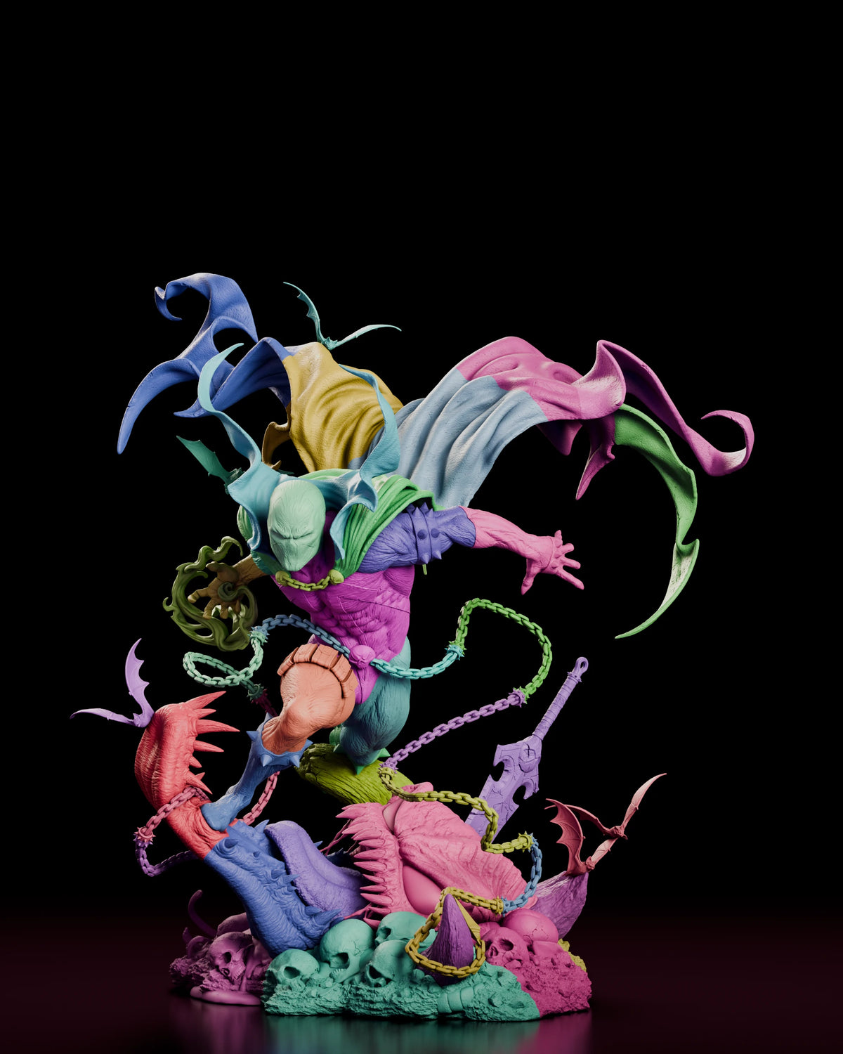 Parts breakdown of the Wraithcloak Spawn figure model kit with figure, cape, chains and base shown in separate colours