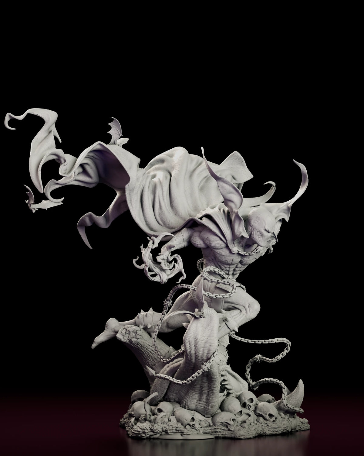 Right side view of Spawn with the cape sweeping up behind him in tattered points