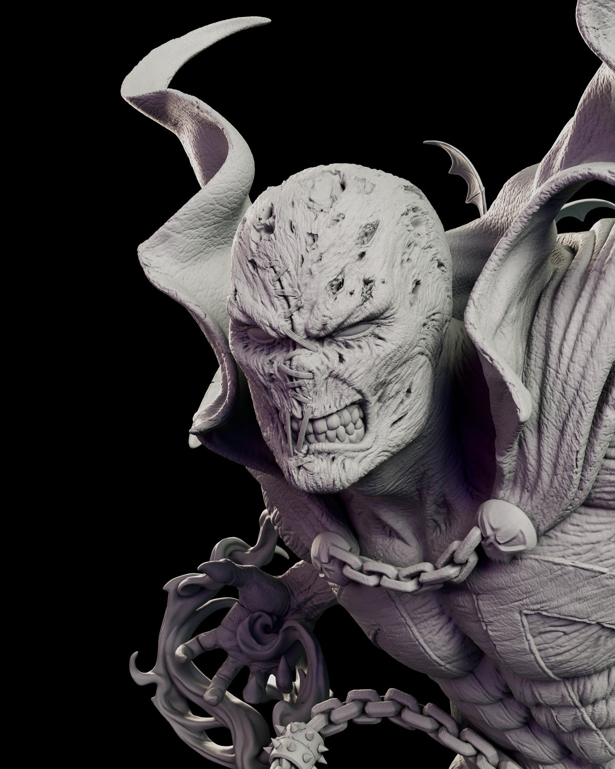Portrait of Spawn with the alternate unmasked head showing the scarred face of Al Simmons