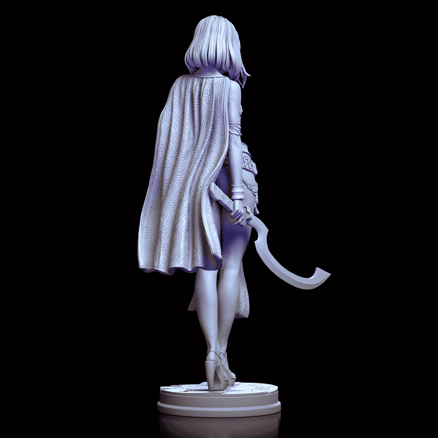 Back view of Zahara the Desert Assassin, featuring her patterned cape and weapon resting by her side.