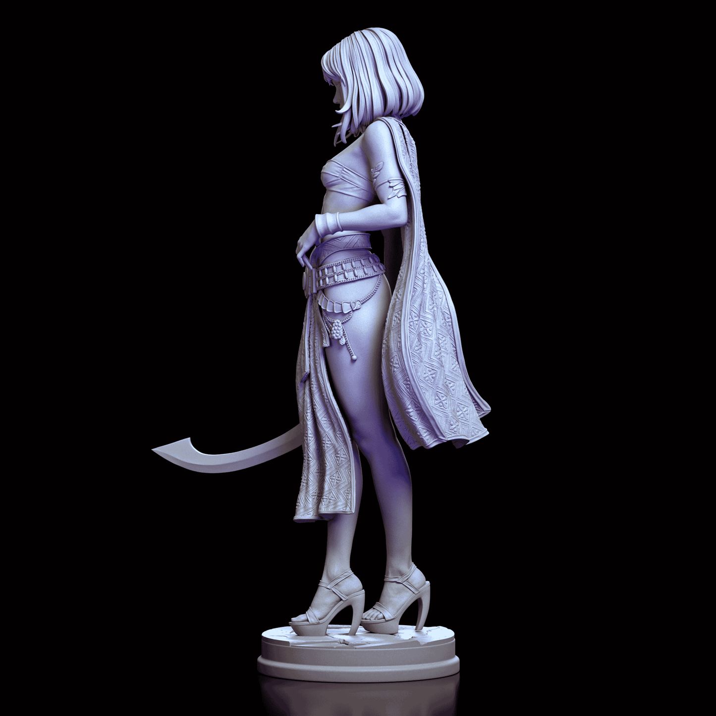 Left side view of Zahara model kit, showing her flowing garments, curved sword, and confident stance.