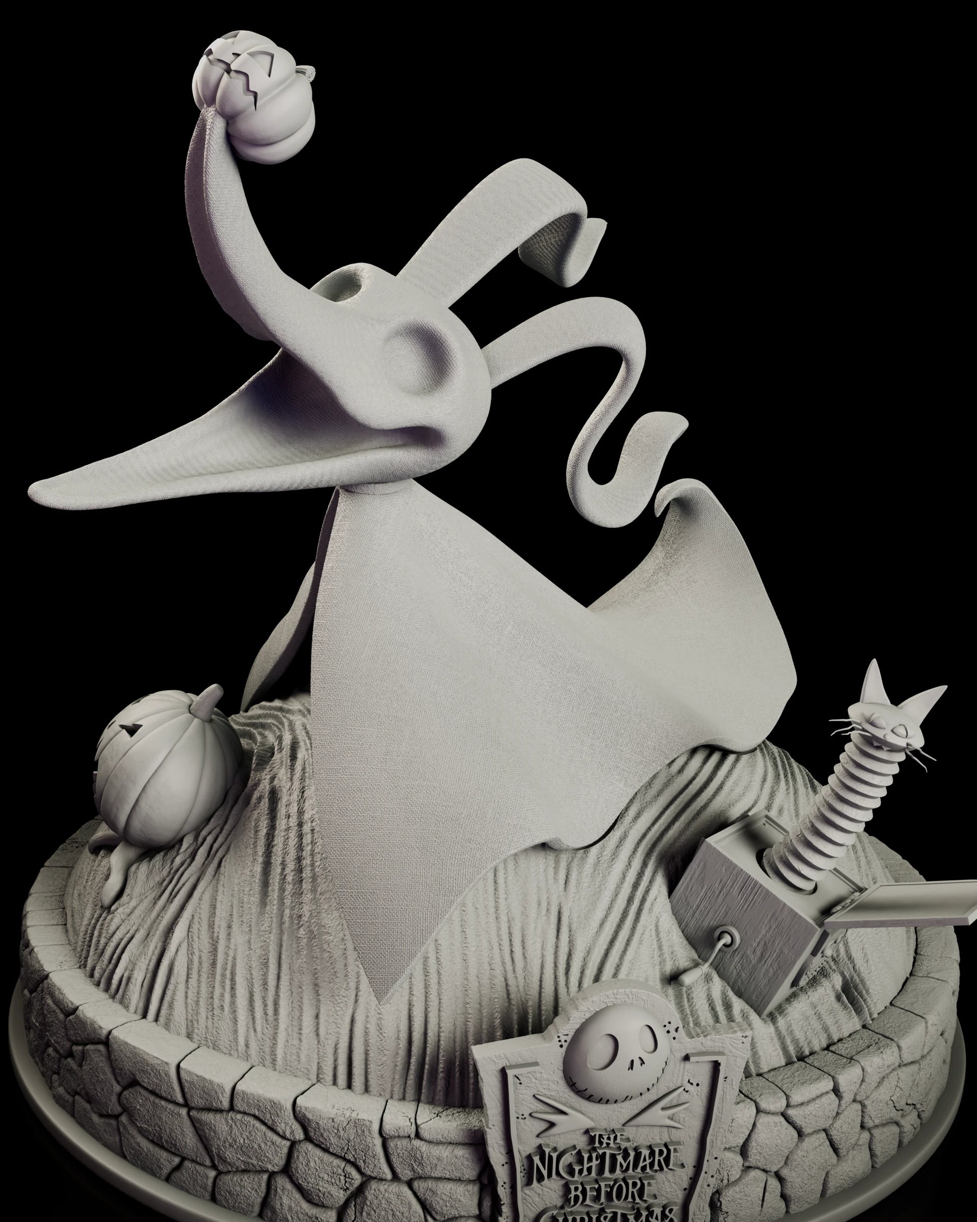 Close detail of the Zero figure model kit showing the cloth weave across the body and the dressed base with a pumpkin, a jack-in-the-box and the film logo headstone