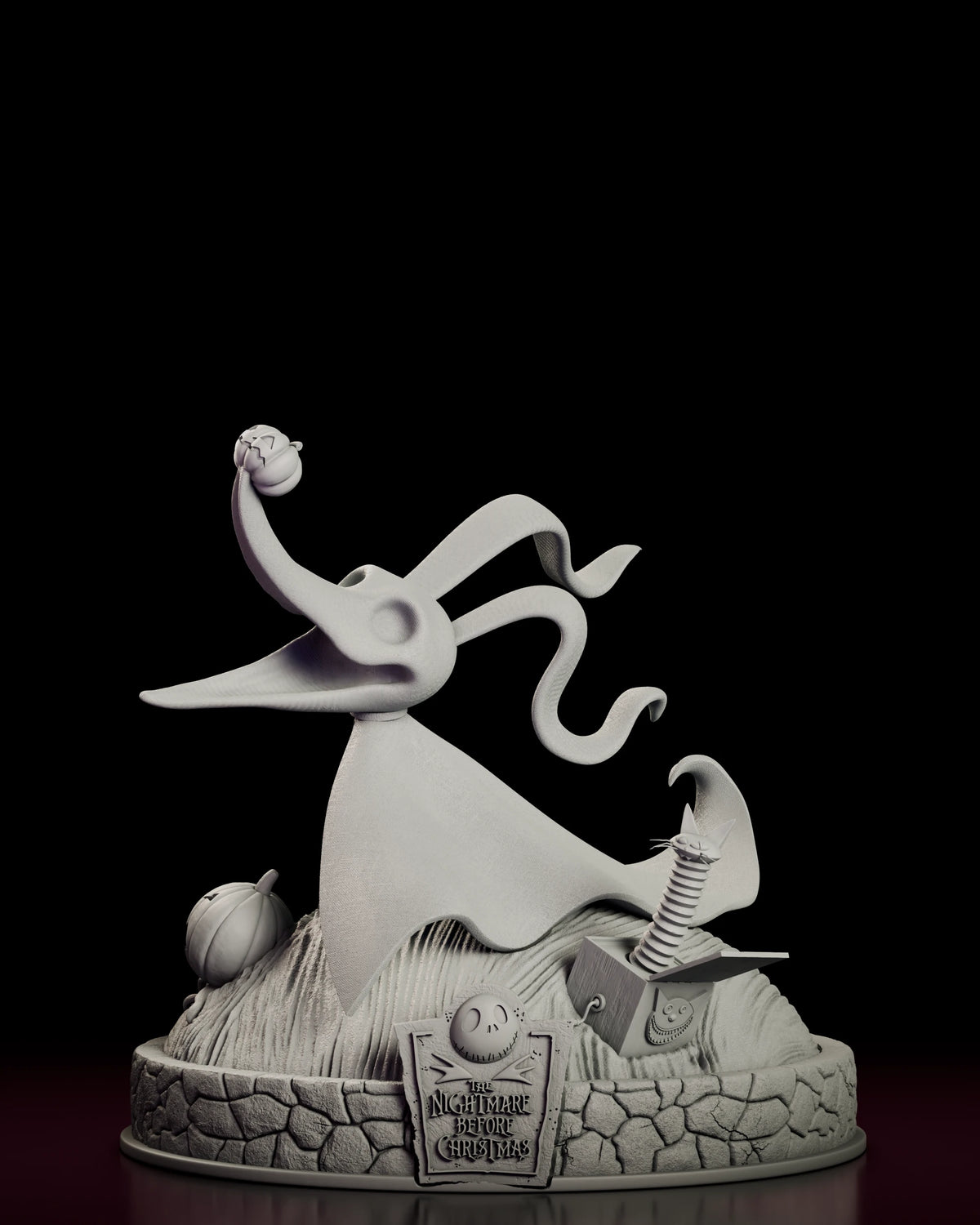 Front view of the Zero figure model kit with the ghost dog lifting away from the hill and his ears swept back