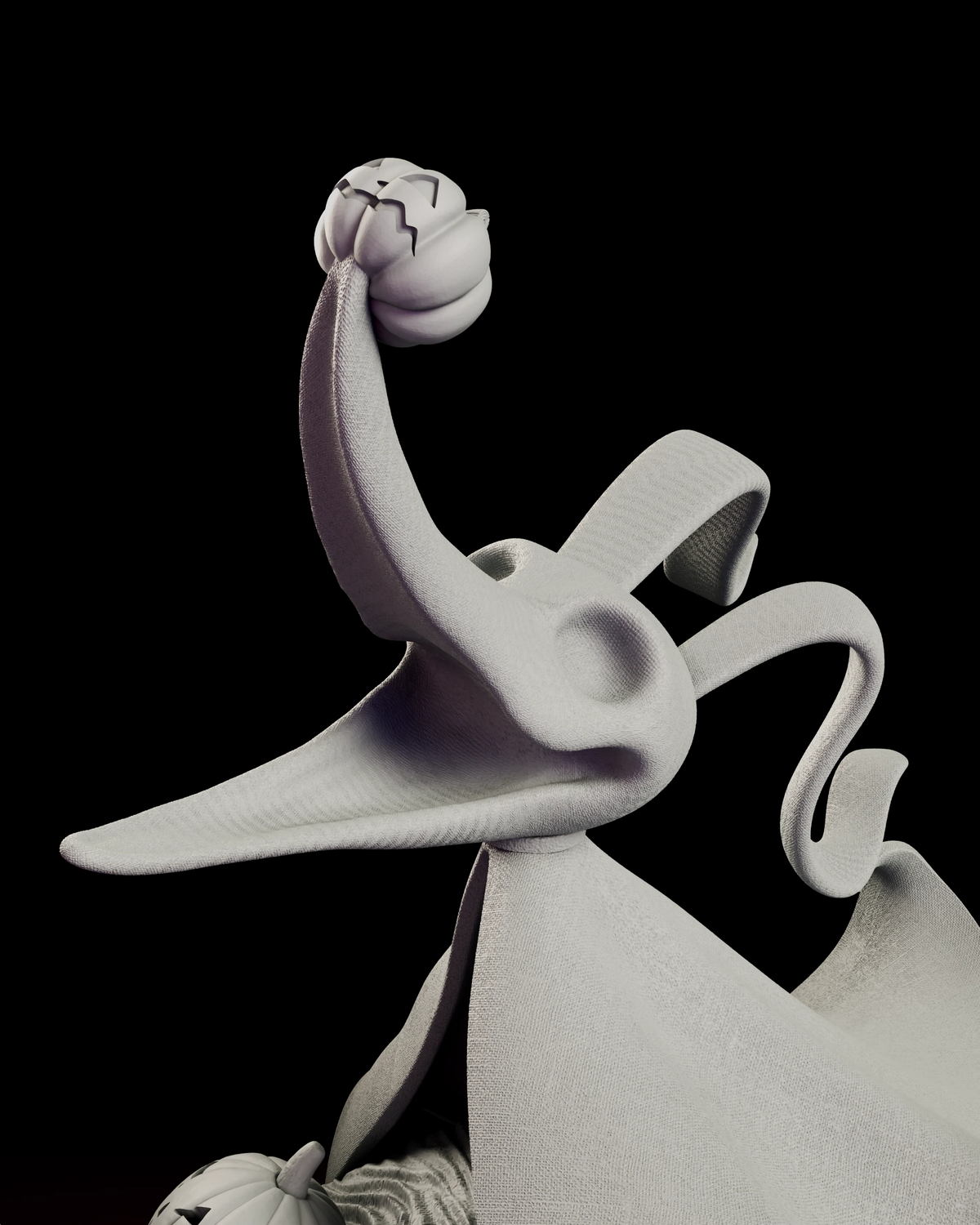 Portrait view of Zero on the figure model kit with his sunken eye sockets and the small carved pumpkin that serves as his nose