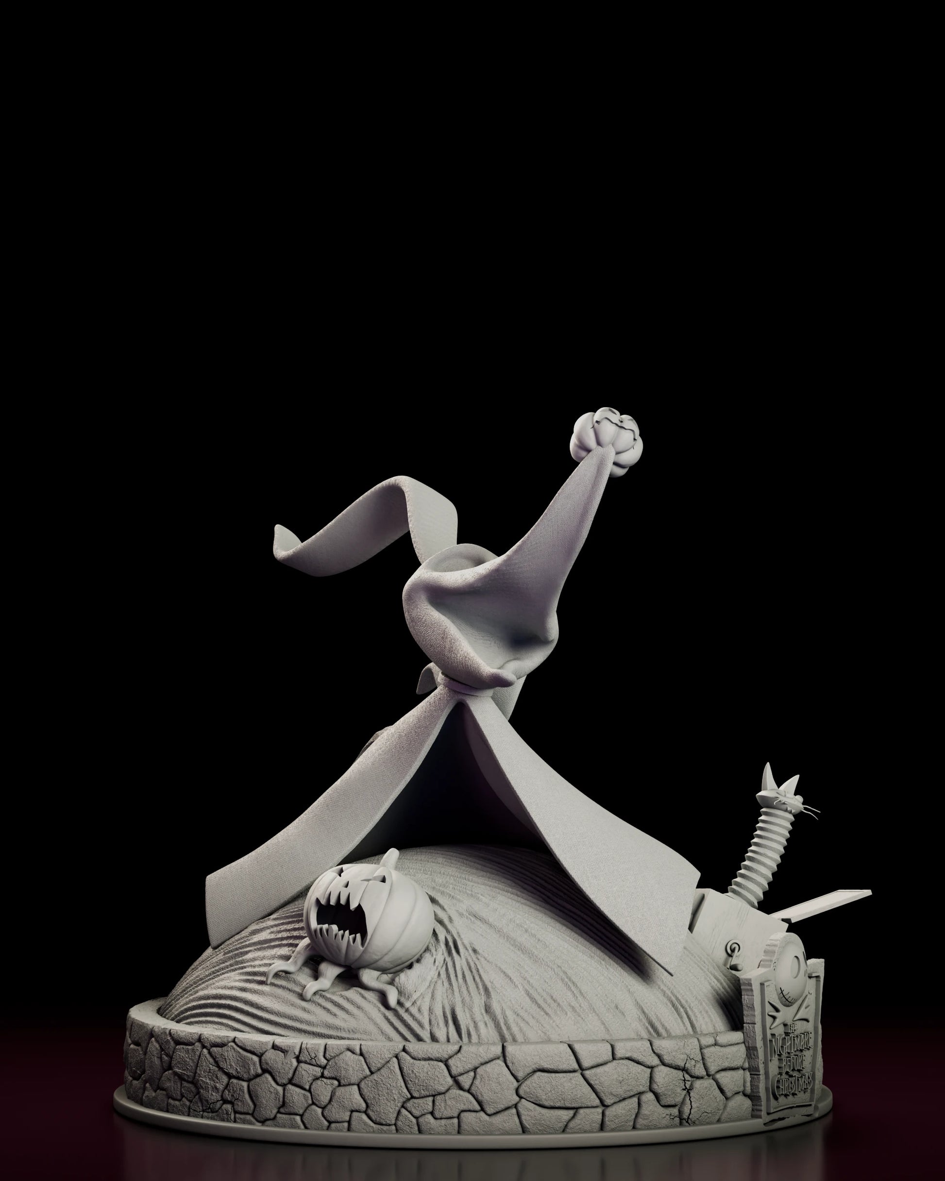 Right side view of the Zero figure model kit showing the length of the drape and the hooked curl of the tail