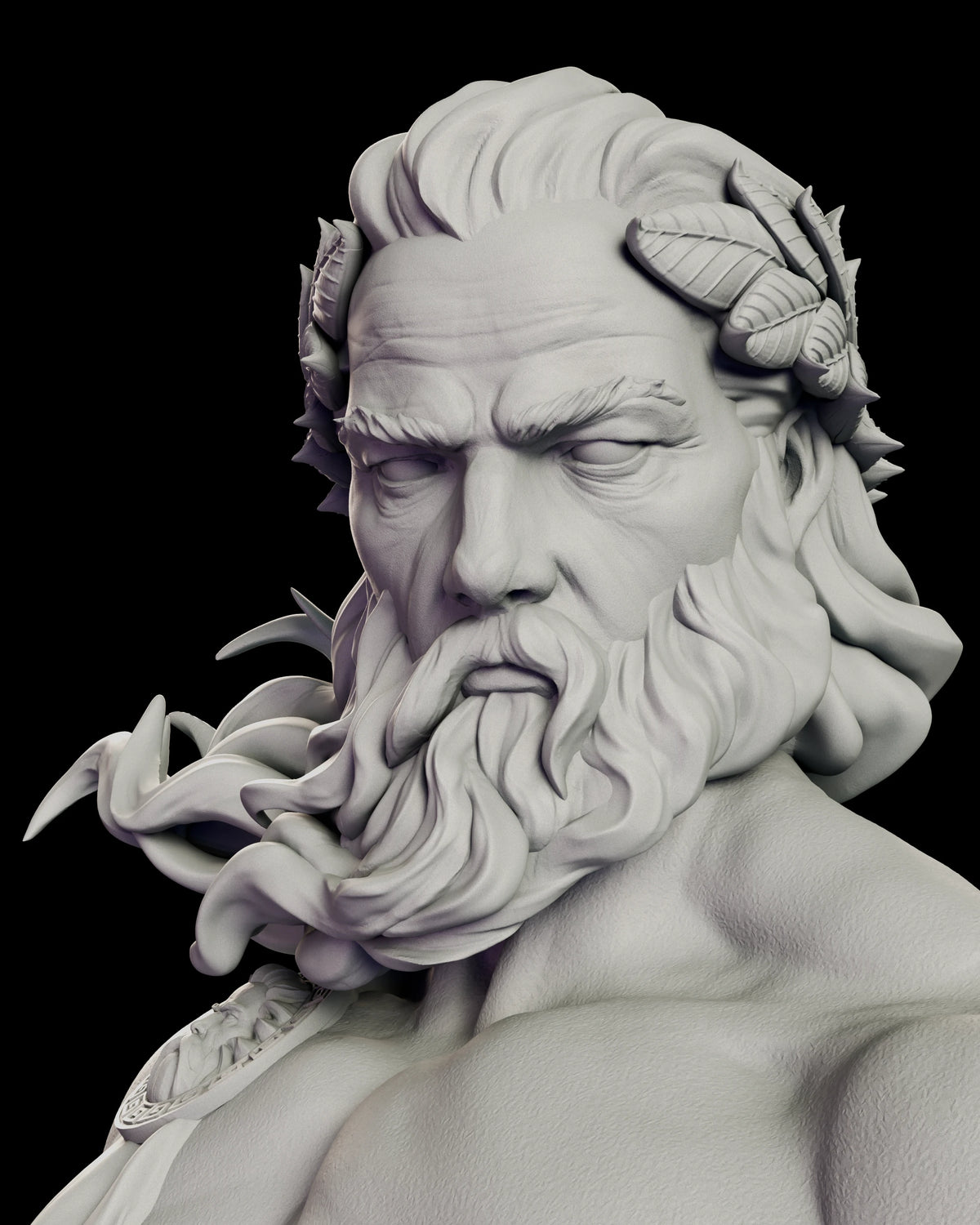 Portrait of Zeus with a laurel wreath, furrowed brow and long beard swept back by the wind