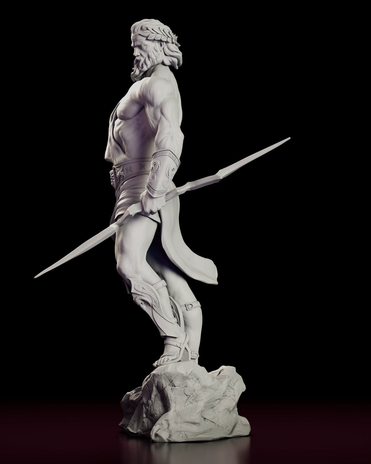 Left side view of Zeus stepping off the rock with the lightning bolt held across his body