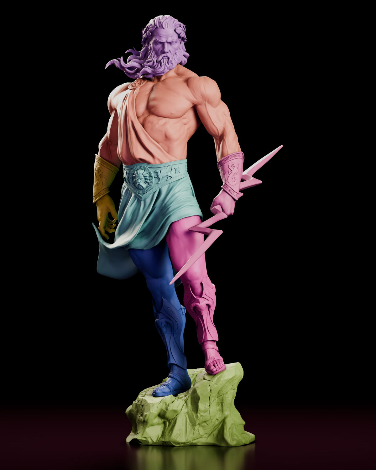 Parts breakdown of the Zeus figure model kit with figure, lightning bolt and rocky base shown in separate colours