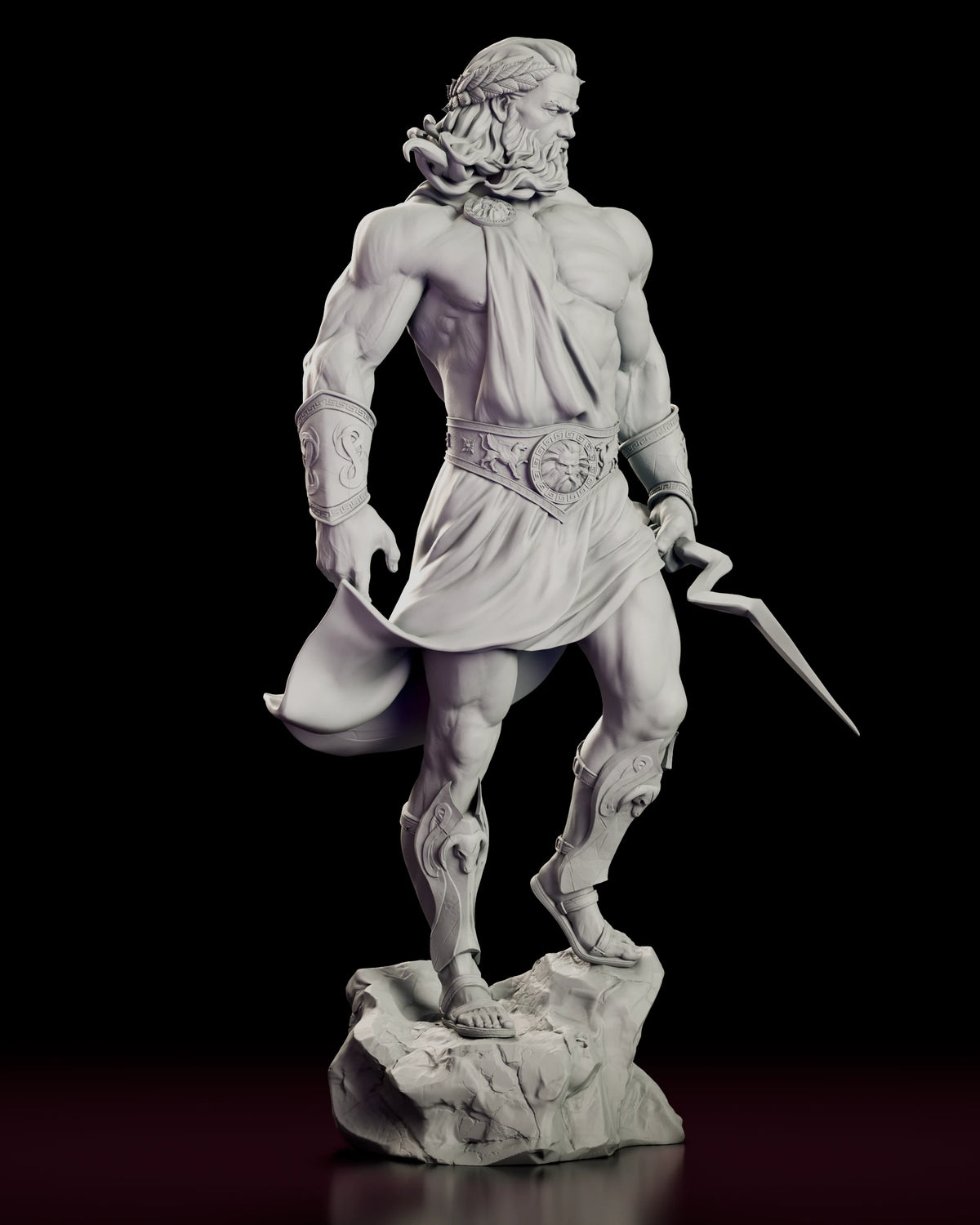 Right side view of Zeus with the lightning bolt angled down and his cloak trailing behind