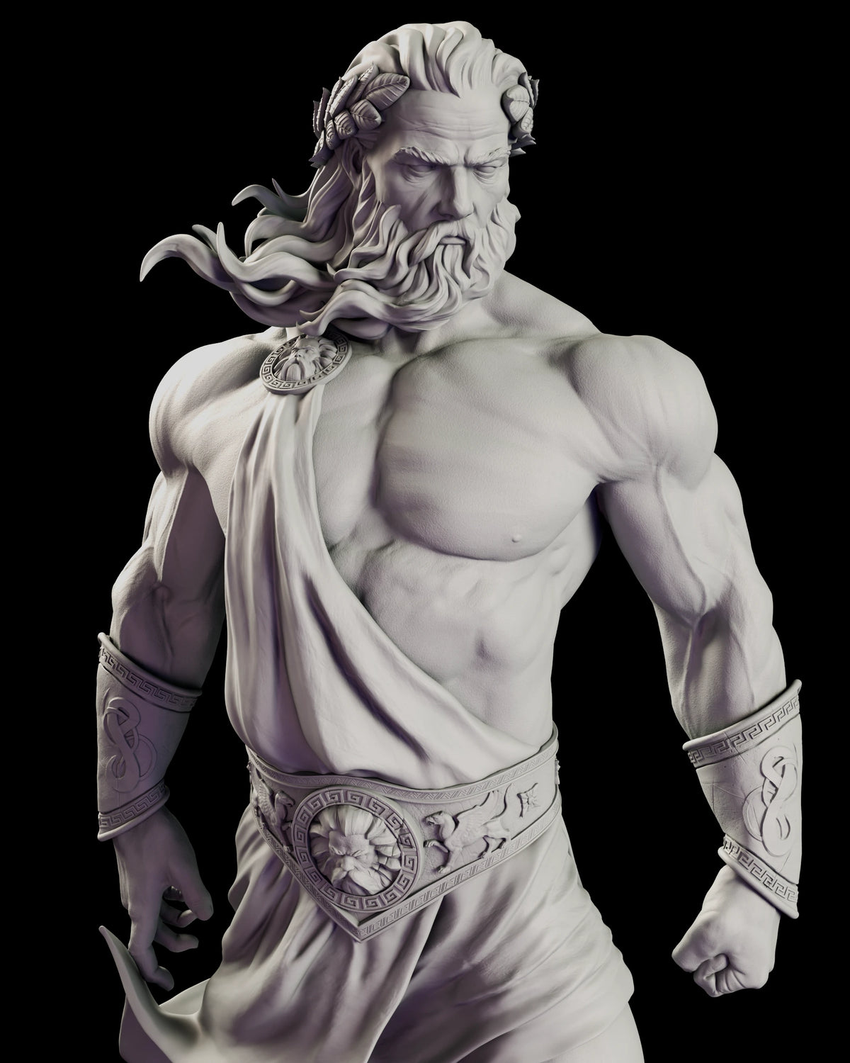 Close view of Zeus showing the shoulder drape and medallion, lion-head belt buckle and patterned bracers
