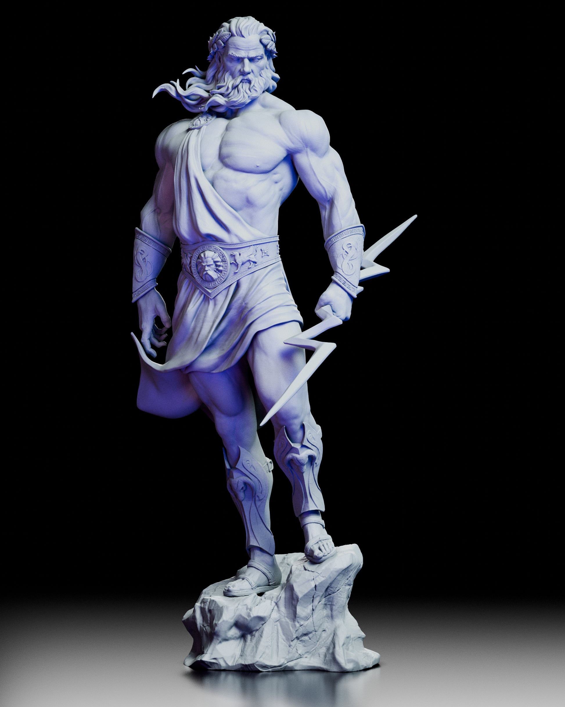 Front view of Zeus figure model kit holding a lightning bolt with commanding stance
