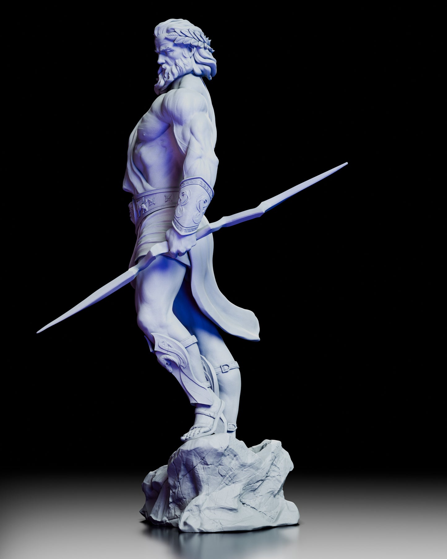 Left side view of Zeus figure highlighting sculpted arm detail and divine posture